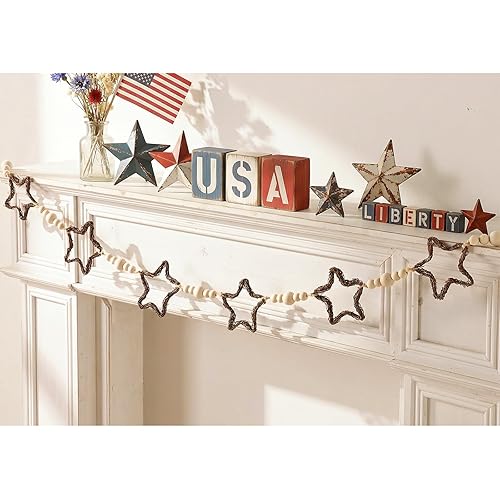 4th of July Garland Decorations, Farmhouse Patriotic Banner with Rattan