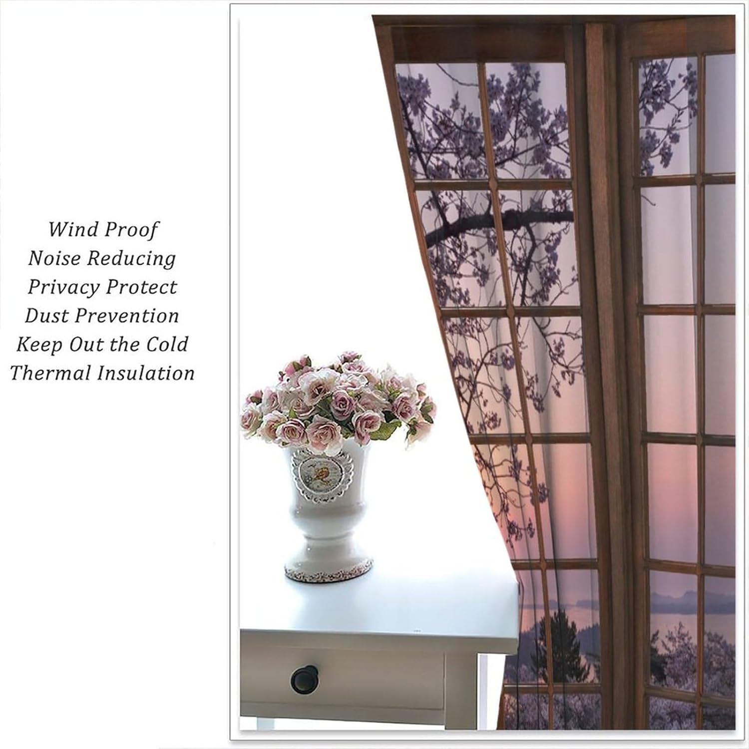 Cherry Blossom Sea Landscape Curtain Pink Flowers Nature Scenery Printed Rod Pocket Blackout Window Treatments for Girls Teens Bedroom Living Room 72" W X 63" L