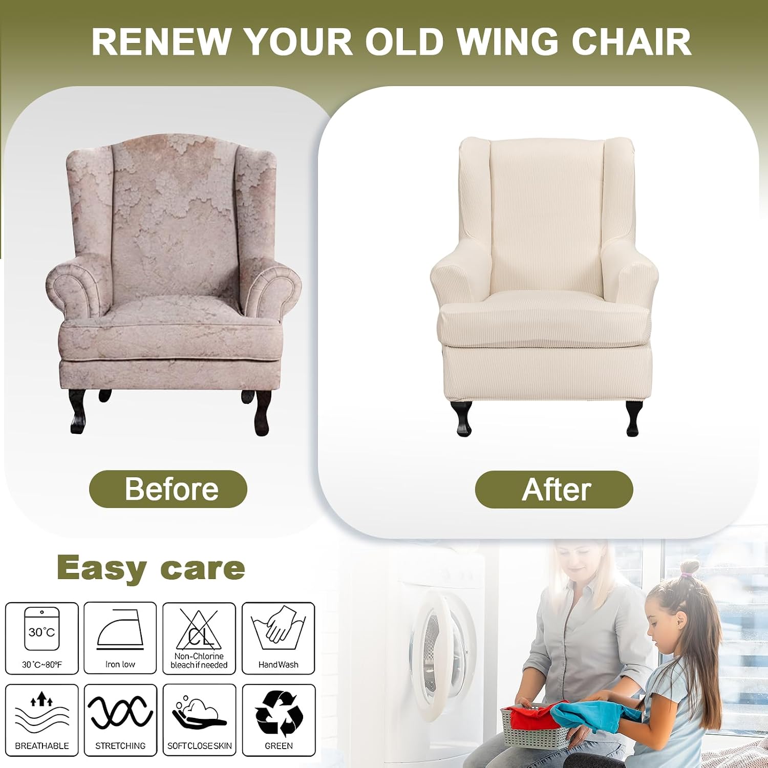 NILUOH Wingback Chair Cover 2-Piece Soft Stretch Wing Chair Slipcover Latest Jacquard Armchair Sofa Couch Cover Furniture Protector with Elastic Bottom for Living Room Bedroom (White)