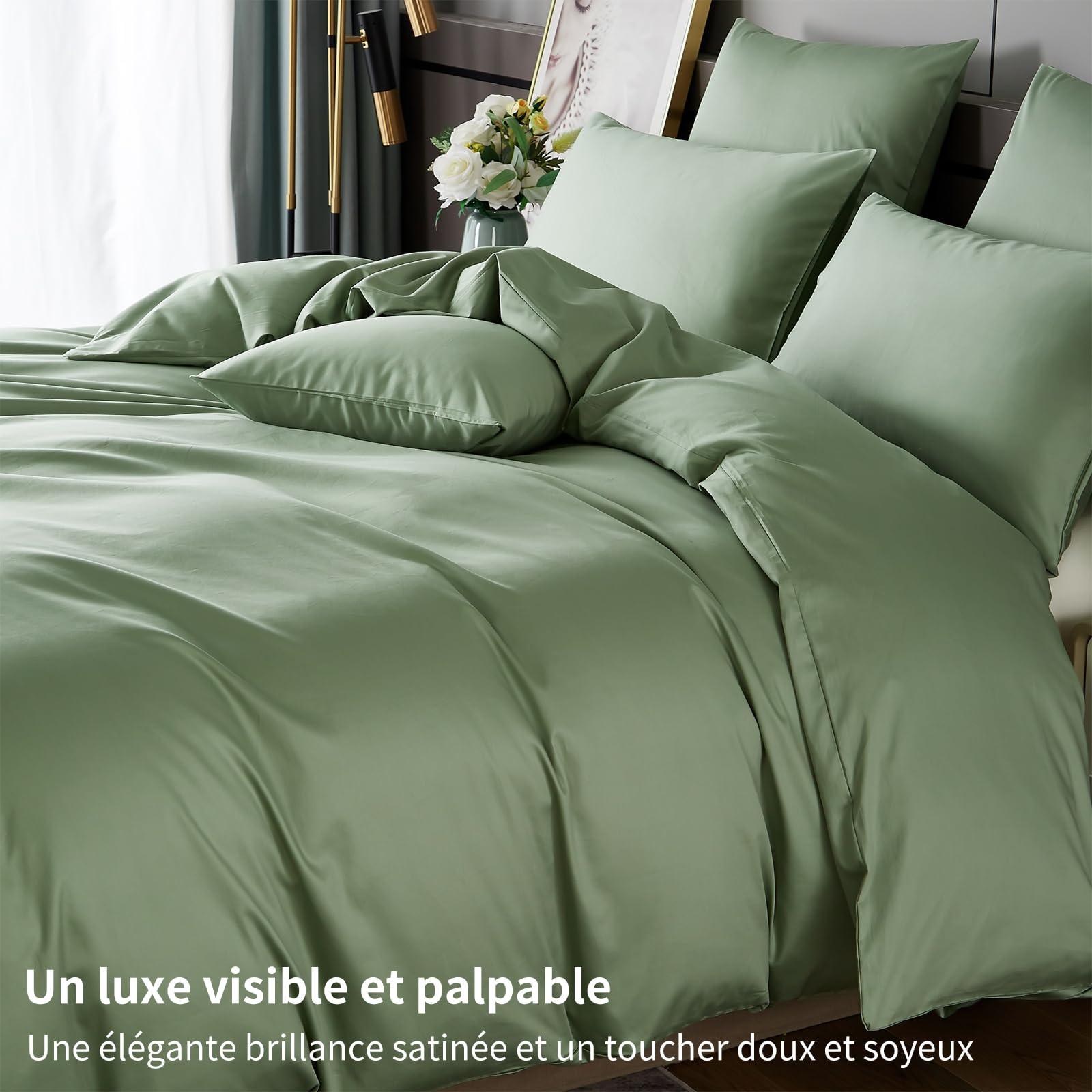 Copripiumino in raso di cotone 240 x 260 verde, 100% cotone, raso, set da letto morbido e setoso traspirante Lyocell seta biancheria da letto matrimoniale con cerniera e cuscino, federe 65 x