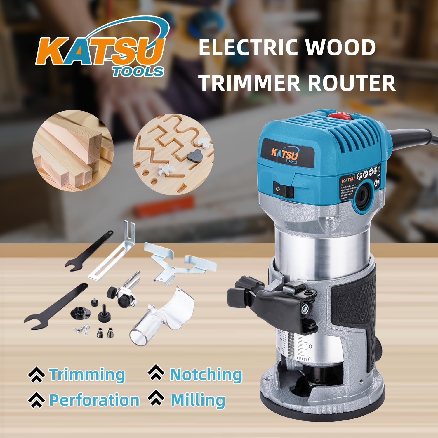 KATSU Tools Electric Hand Trimmer Wood Router Laminator Joiners Tool 710W, Soft Start, Aluminum Body and Trimmer Base - Image 2
