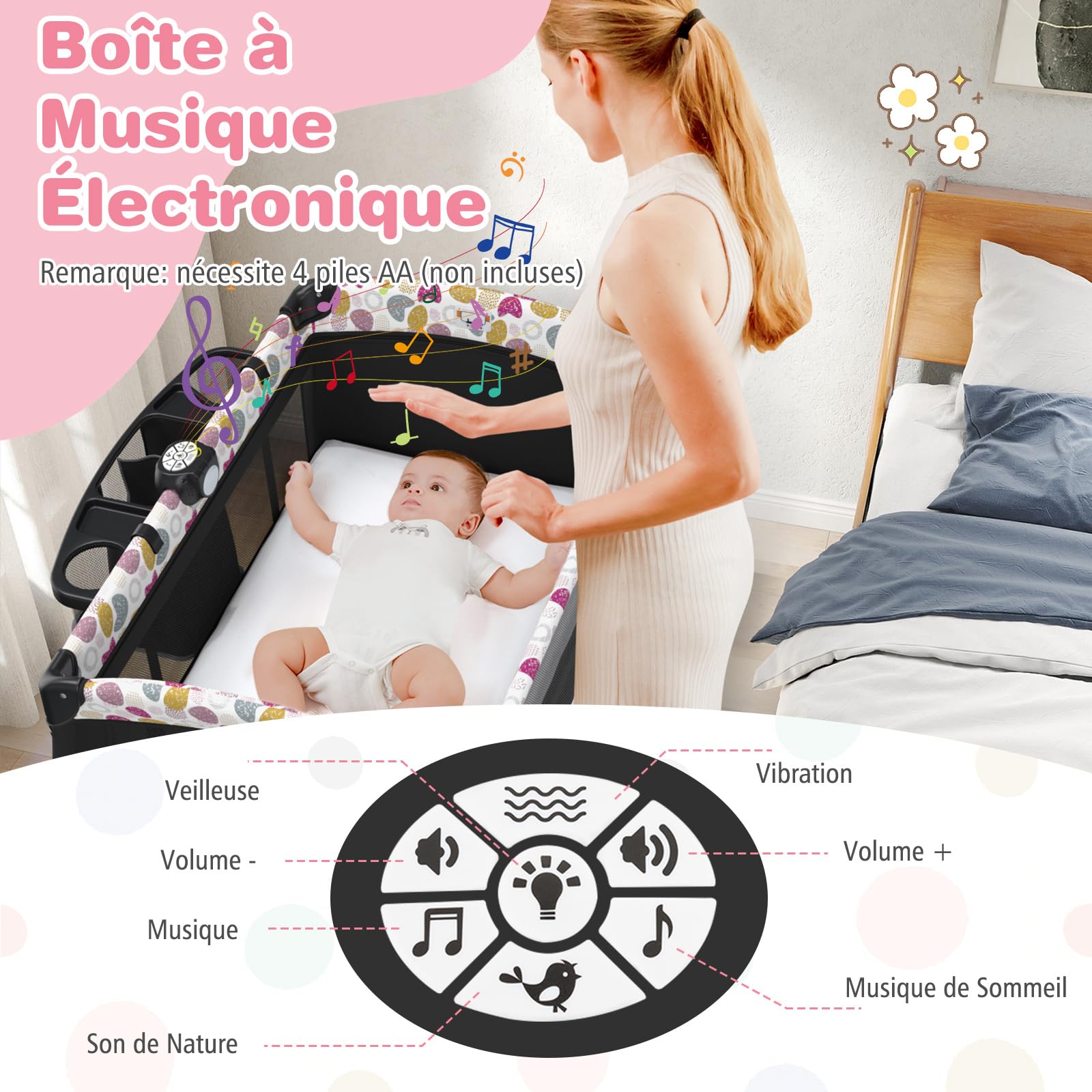 COSTWAY Lit Parapluie Bébé avec Matelas & Table à Langer Escamotable, Lit Bébé Évolutif avec Boîte à Musique & Jouets Suspendus, Auvent Réglable, Lit de Voyage pour 0-36 Mois (Cercles colorés,Noir)