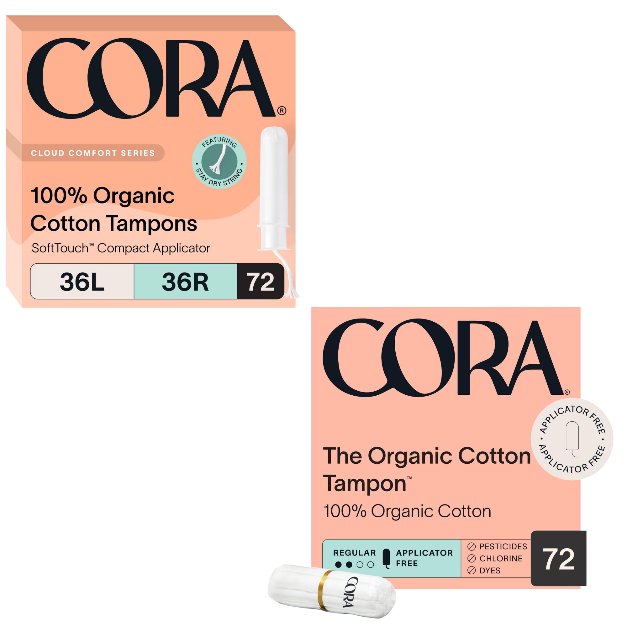 Cora Organic Feminine Care Applicator and Non-Applicator Tampon Packs Ultra-Absorbent Unscented Natural Non-Toxic 36 Light 108 Regular Tampons