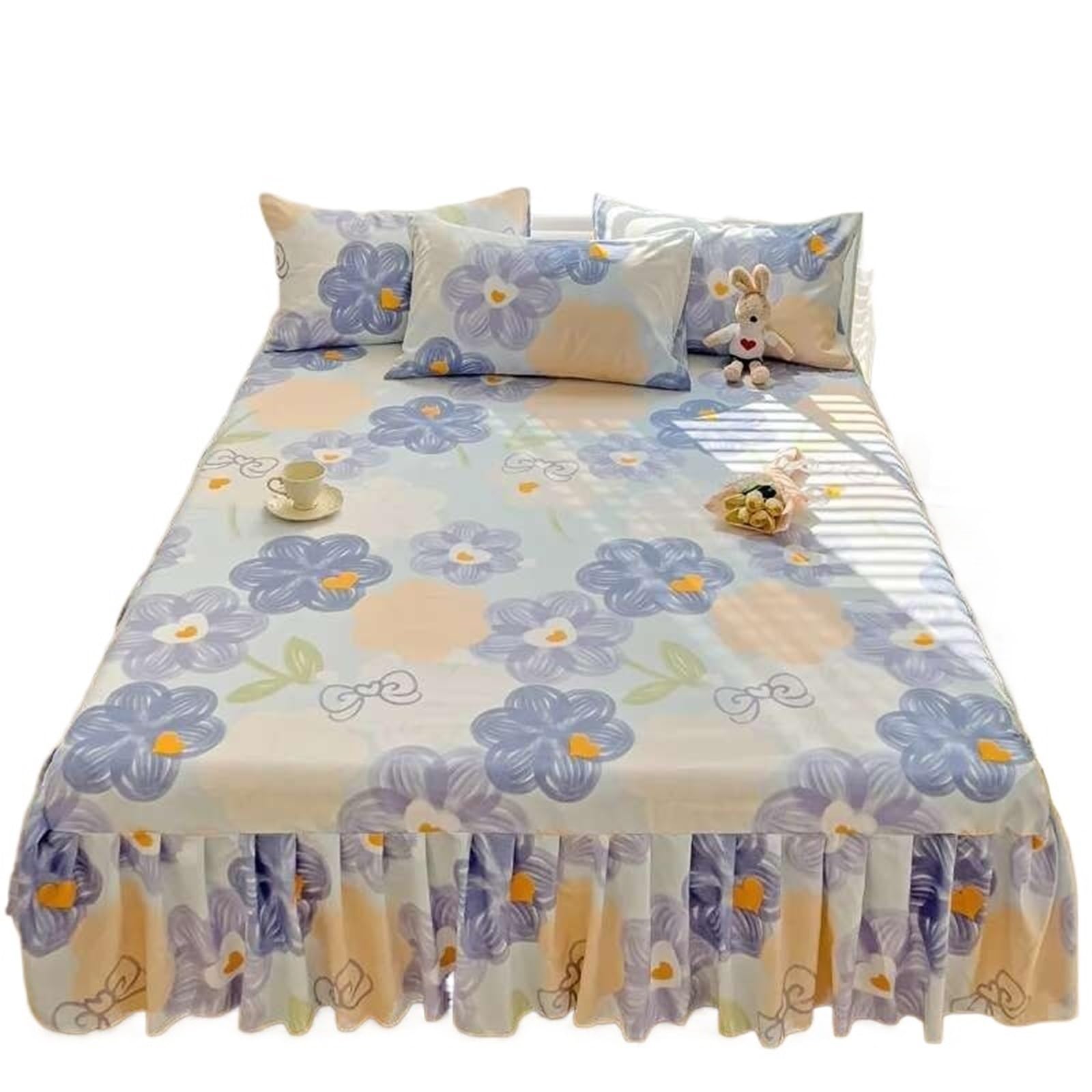 Ruffled Bedspread Floral Bed Skirt - Printed Brushed, Ruffled Non-Slip Bedspread With Pillowcase (Queen/King)(40 * 29mm,200x220cm 3pcs Set)