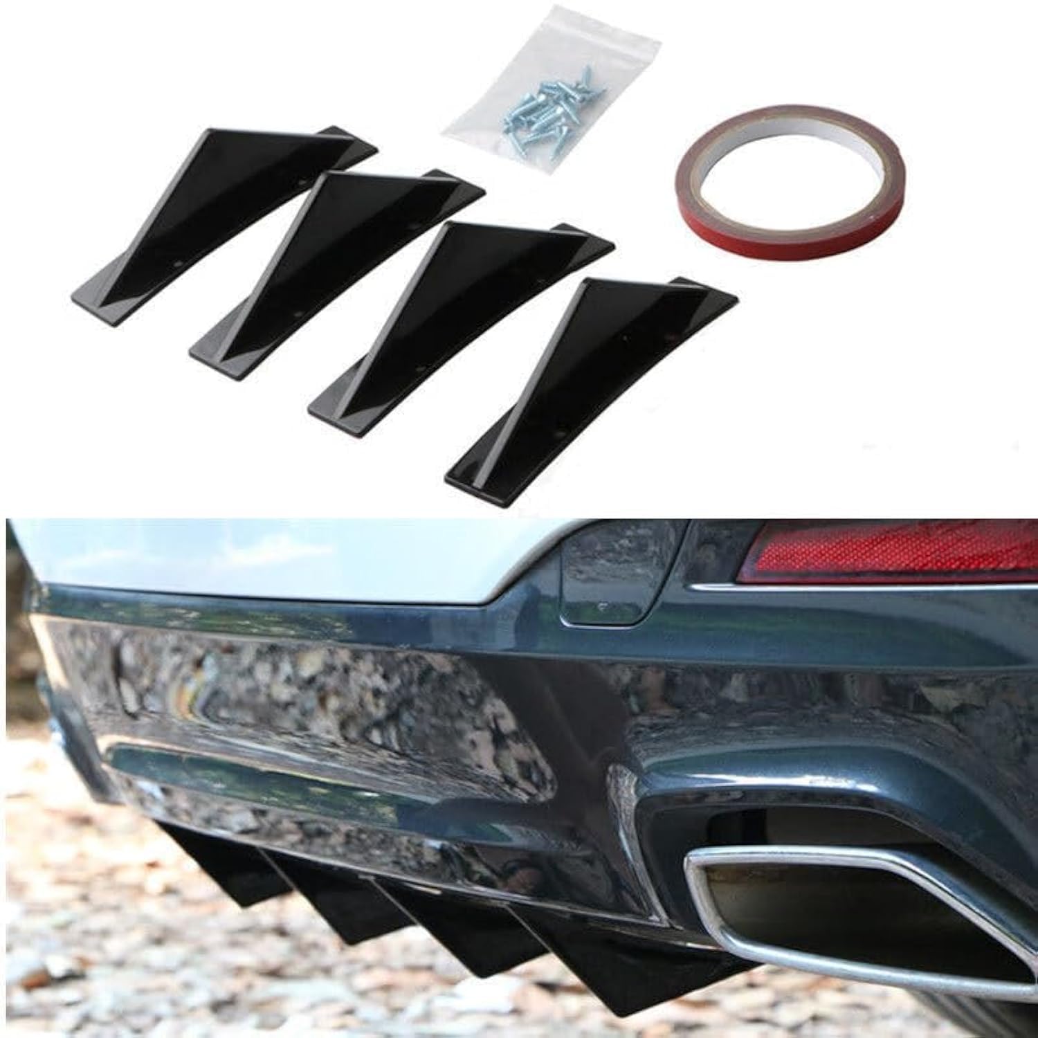 4Pcs ABS Curved Spoiler, Black Shark Fin Universal Car Rear Bumper Diffuser for Protection
