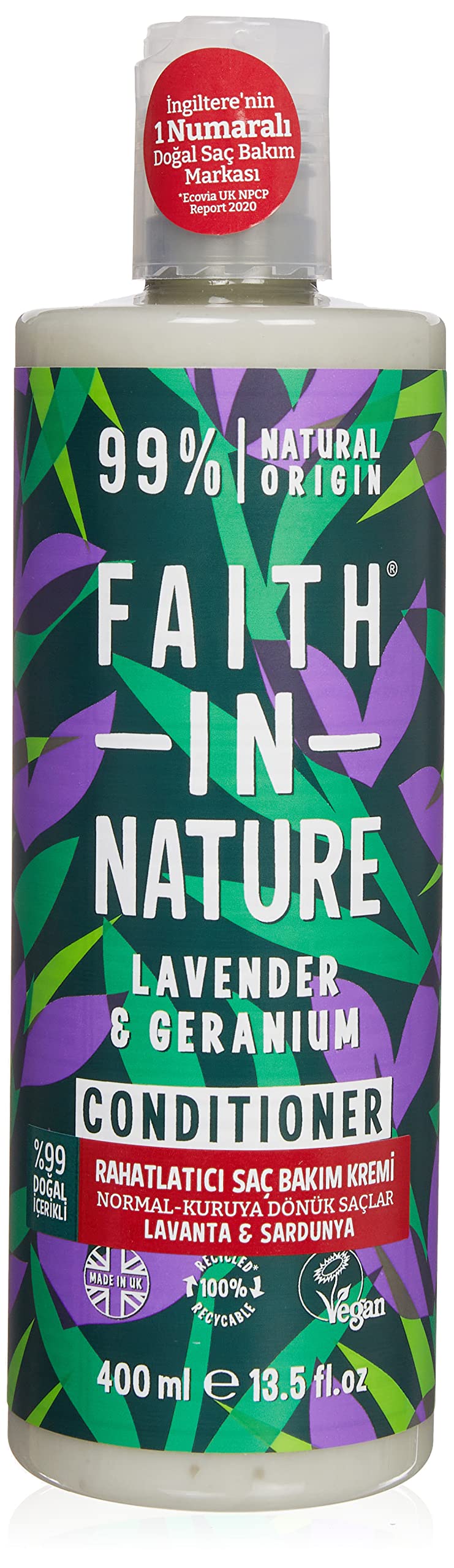FAITH IN NATURE %99 Doğal Rahatlatıcı Saç Bakım Kremi Normal & Kuruya Dönük Saçlar İçin (Lavanta & Sardunya, 400 ml)