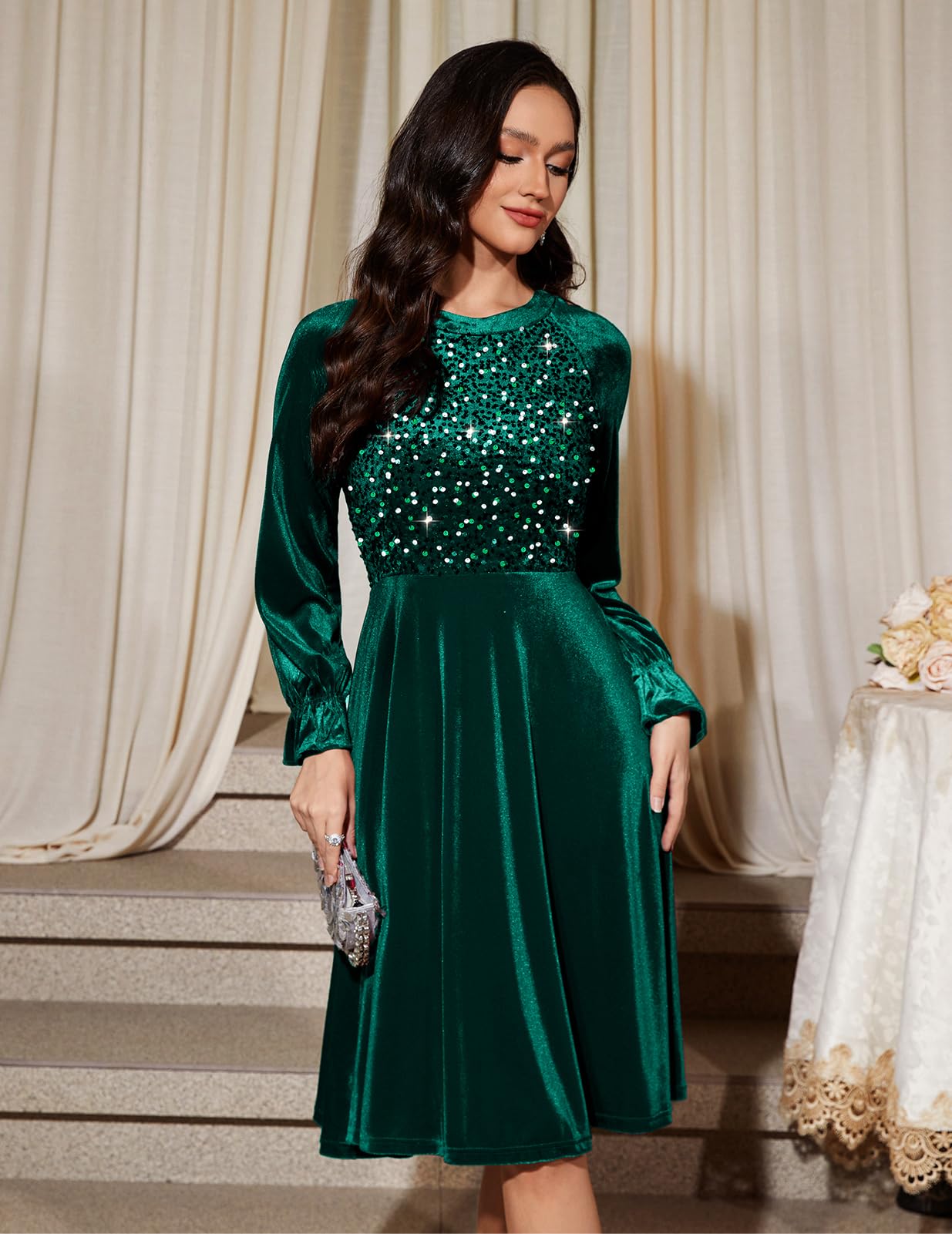 Bbonlinedress Robe de Soirée Cocktail à Manches Longues en Velours à Paillettes pour Femme Robe Midi Vintage pour Mariage invitée
