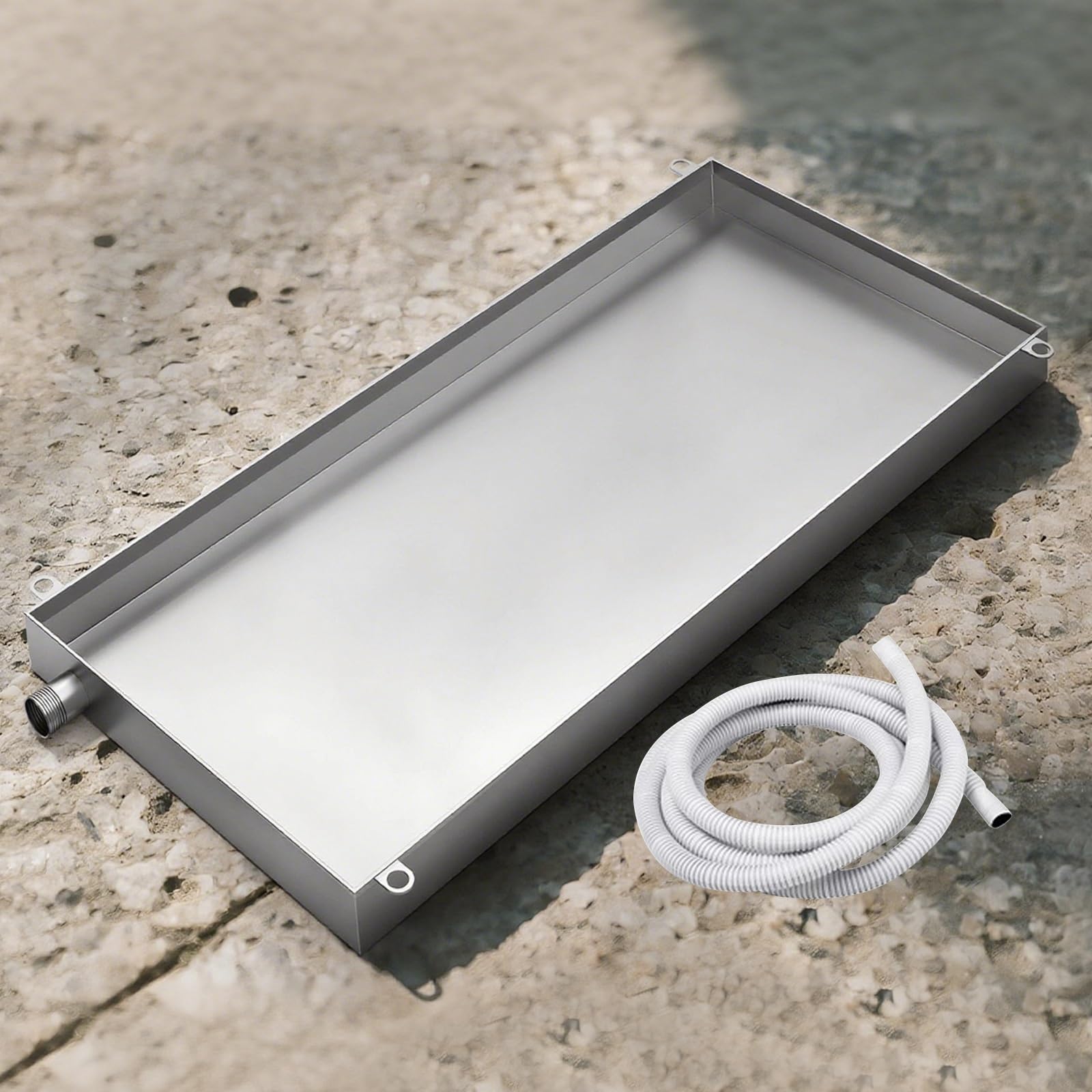 Edelstahl Wasserauffang und Ablaufwanne mit 2 Meter-Rohr Auffangwanne Große Wasserschale Automatische Ölauffangwanne for Innen und Außengeräte(30x20cm(12x8in))