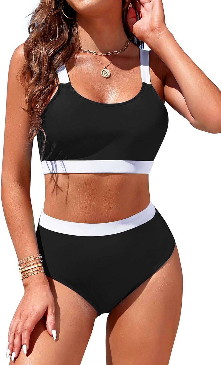 Womens High Waisted Bikini Sets Sporty Crop Top Color Block Swimwear Bandeau Scoop Neck Vintage Two Piece Bathing Suits