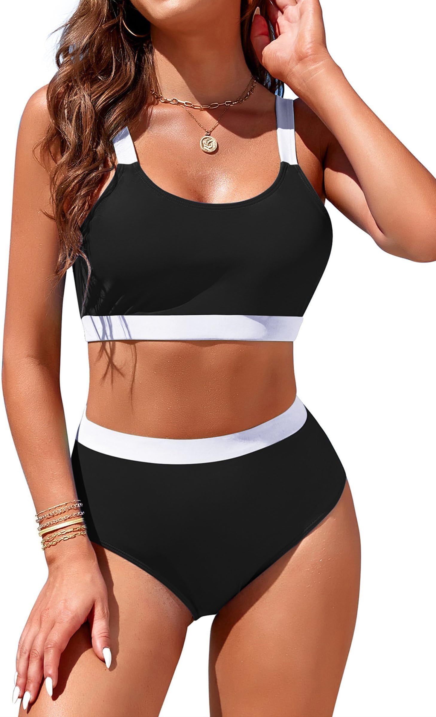 Womens High Waisted Bikini Sets Sporty Crop Top Color Block Swimwear Bandeau Scoop Neck Vintage Two Piece Bathing Suits