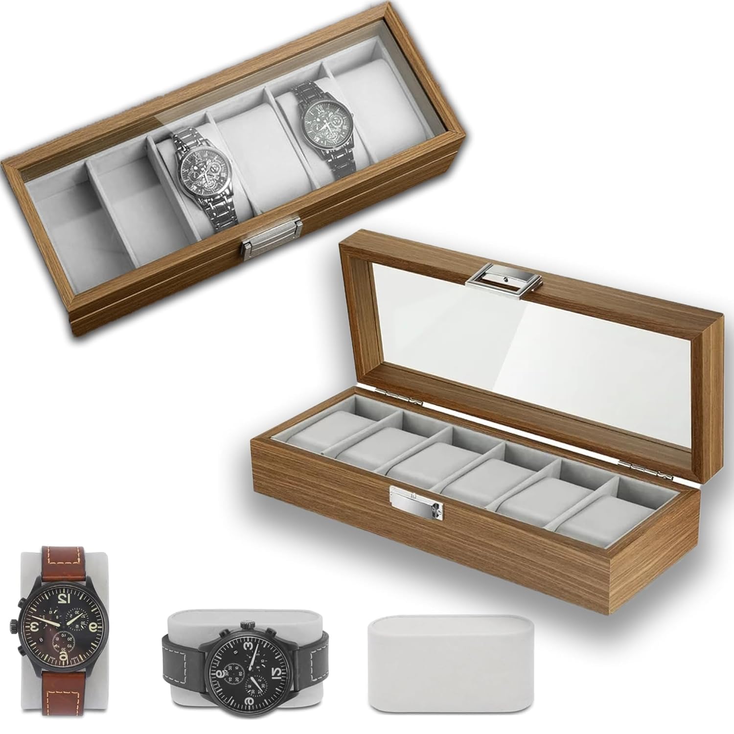 Magnova 6 Slots Watch Box Organizer,Wooden Watch Storage Box with Large Glass Display Mens and Womens Watch Box Holder Organizer Case with Removable Pillows,Jewelry Bracelet Collection Box (B0CY9K1XZ1) Amazon Price History, Amazon Price Tracker