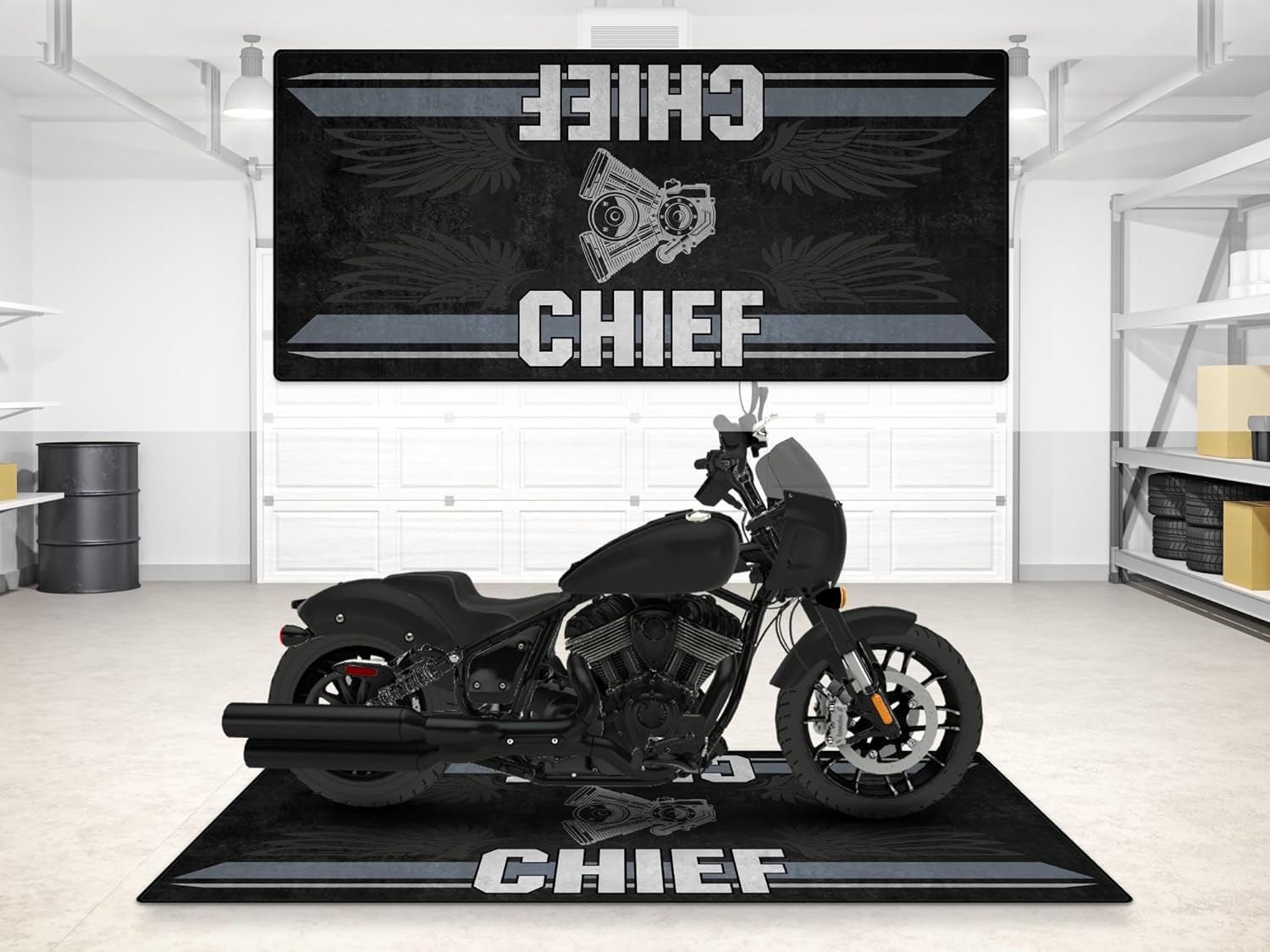 Parking Mat for Sport Chief Motorcycle Model, Display and Pit Mat, Washable Non-Slip Garage, Showroom Mat (Black Smoke, Size 2: 102 x 47/260 x 120 cm)