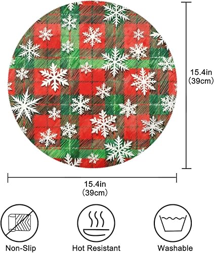 Miniatura 4 de Merry Christmas Red Green Checkered Pattern White Snowflakes Fabric placemats Round platesmats 15x15 in individuales para mesa de comedor