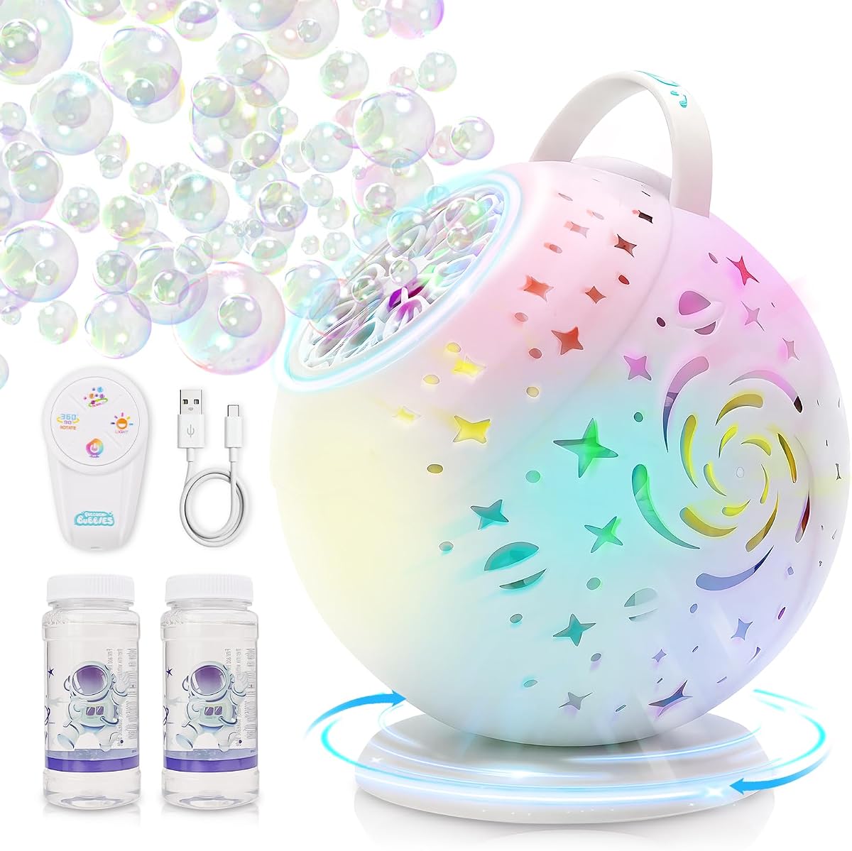 Bubble Machine for Toddlers Kids & Pets with Remote Control | Automatic Rotation & RGB Lights, Type-C Charge, Bubble Maker for Kids, Weddings, Birthday Parties, Outdoor Activities