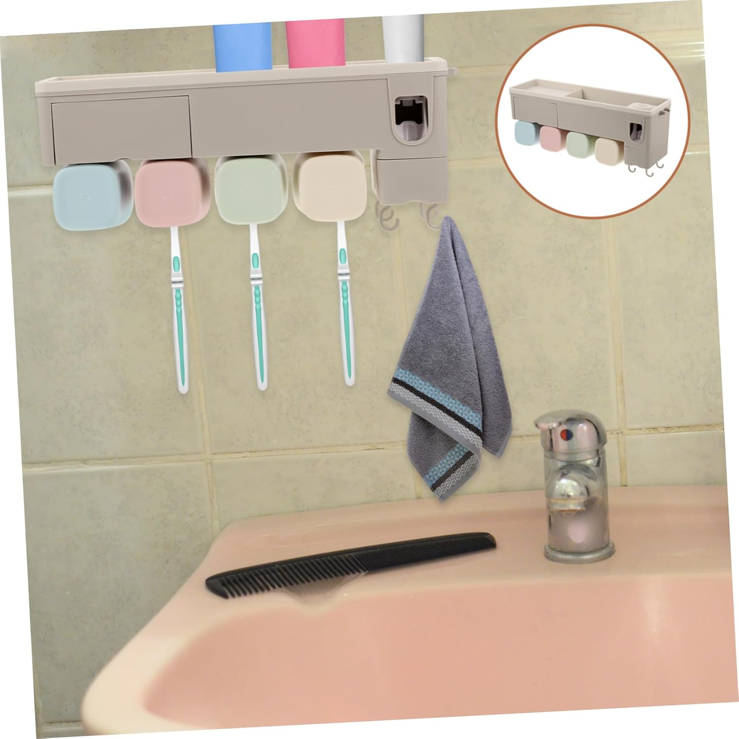 LIFKOME Eco-Friendly Open Design Toothpaste Squeezer Non-Punching Feature Wall-Mount Toothbrush Holder Tooth Brush Organizer Bathroom Storage Rack