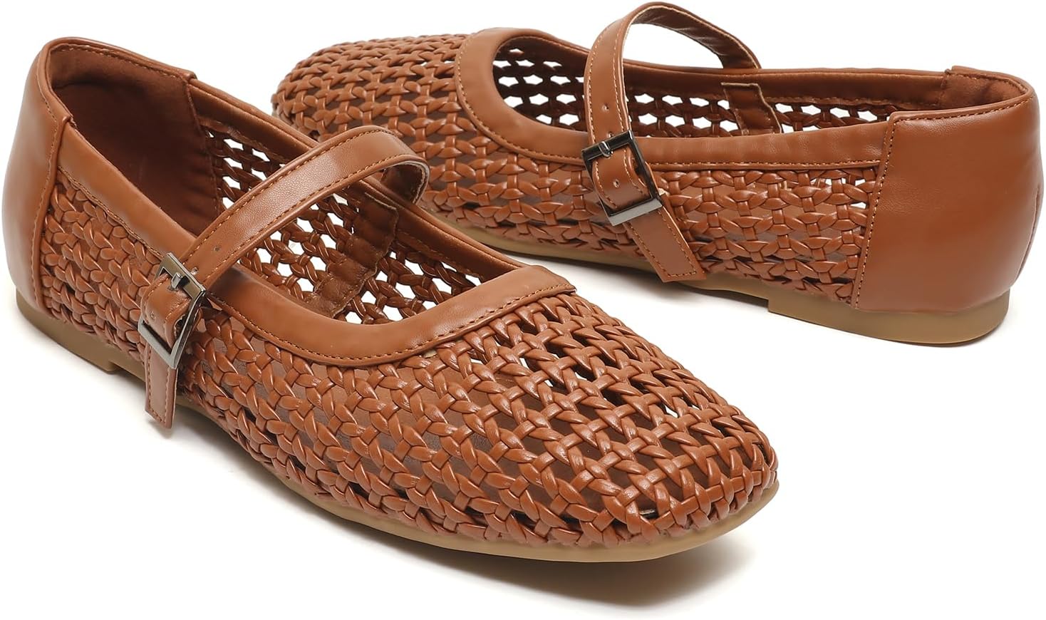 Yozuru Womens Woven Ballet Flats Mesh Mary Jane Shoes Dressy Squared Toe Comfortable Buckle Strap Casual Leather Flats for Women - Image 6