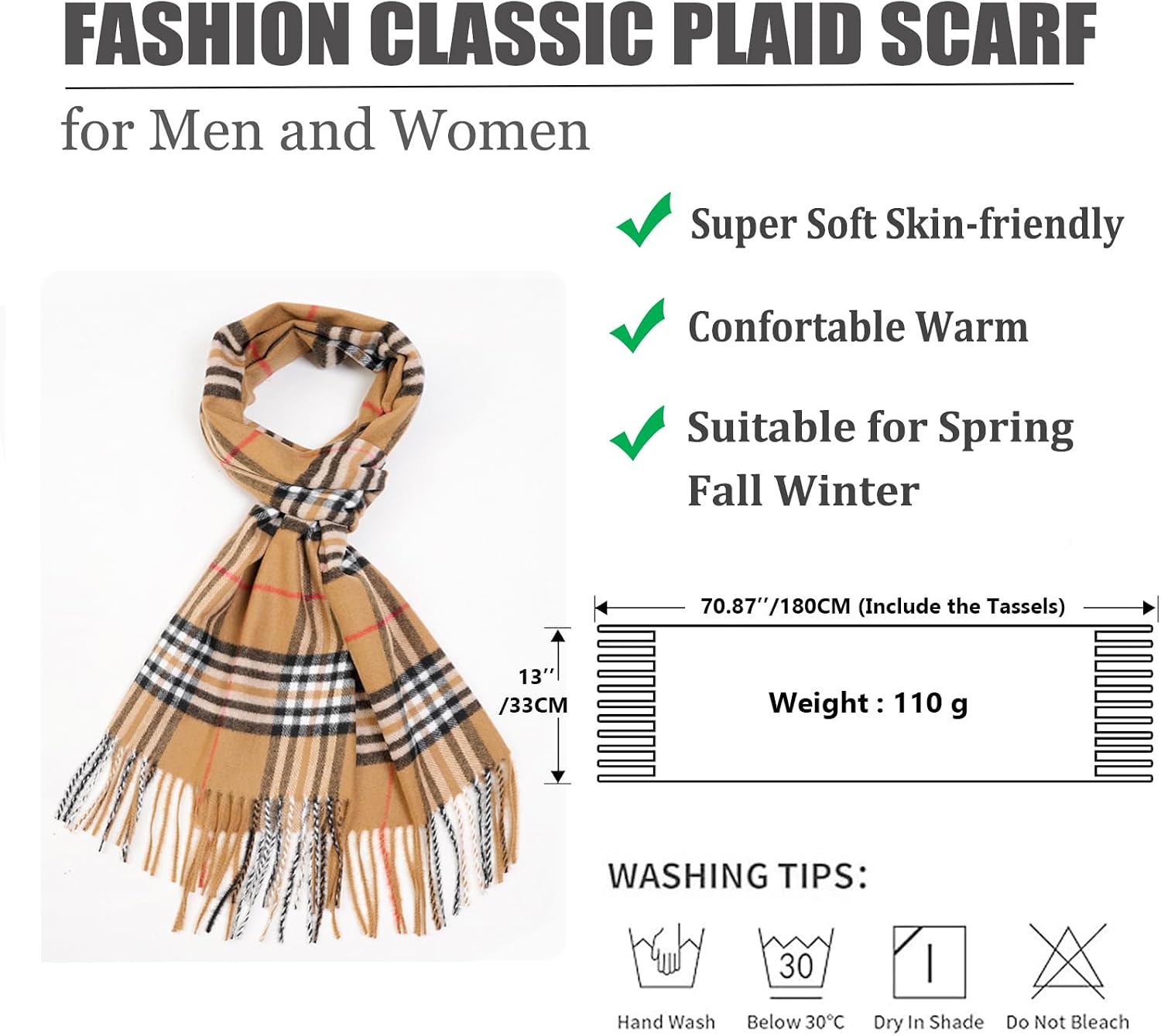 Plaid Scarf for Women and Men-Fall Winter Classic Tartan Checkered Plaid Scarves