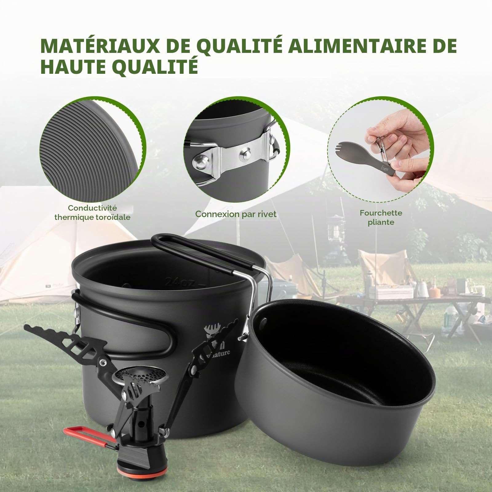 Réchaud Camping avec Casserole 1,1L | Set Cuisine Léger et Compact avec Poignée Repliable pour Cuisson Portable en Randonnée, Bivouac, Trekking et Bushcraft