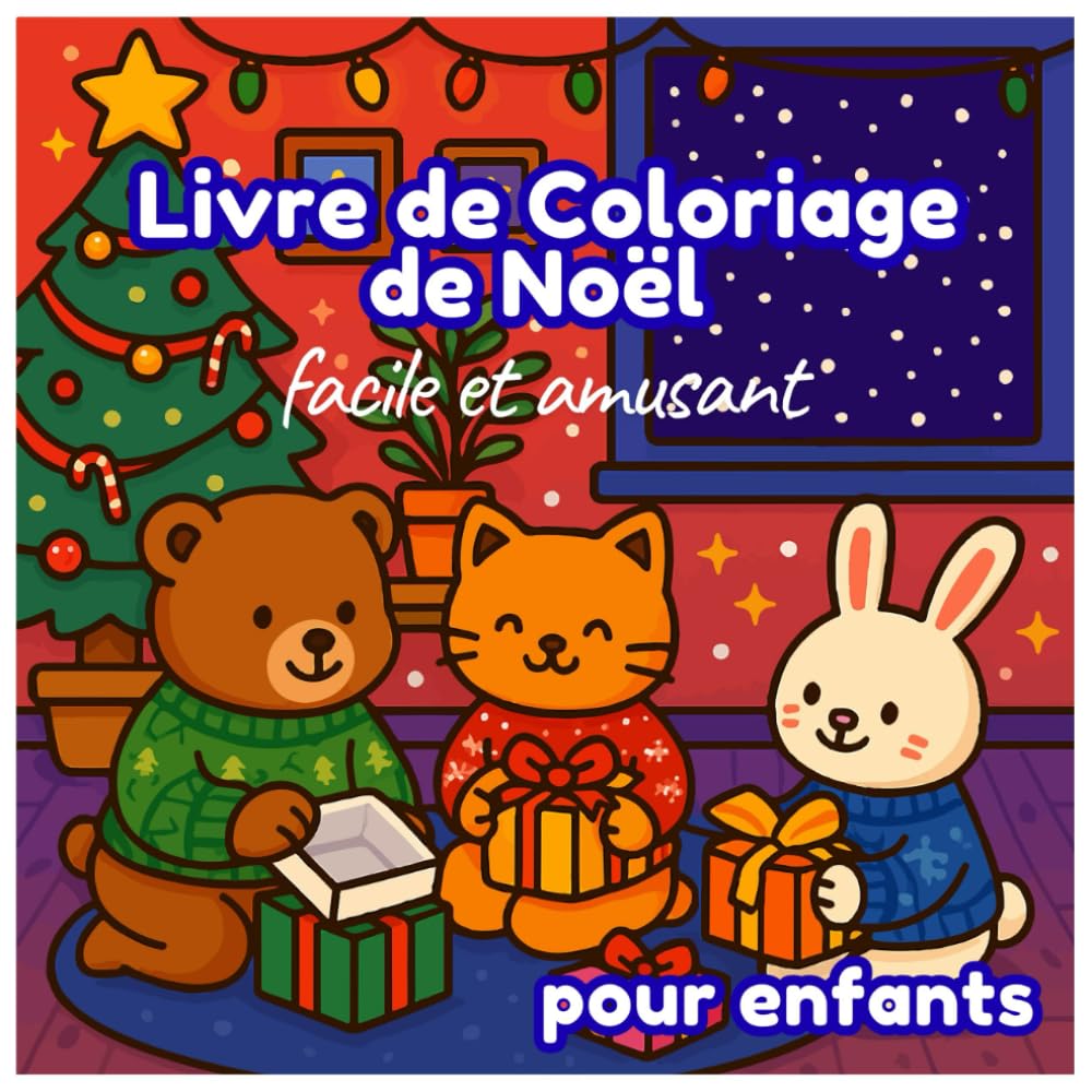 Livre de coloriage de Noël facile et amusant pour enfants: Coloriages simples et mignons de Noël – Père Noël, rennes et bonhommes de neige | Cadeau parfait et amusant pour enfants et ados créatifs
