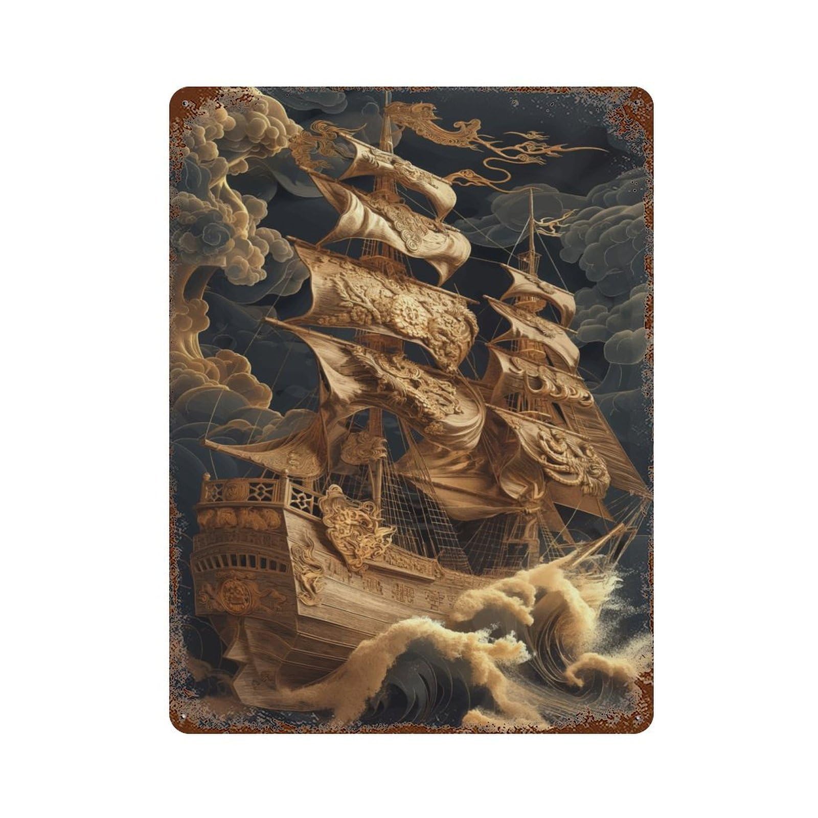 Rust Effect Pirate Ship Lost at Sea Retro Metal Sign 15.7"x11.8", Farmhouse Wall Decor for Living Room, Hallway And Home Decor