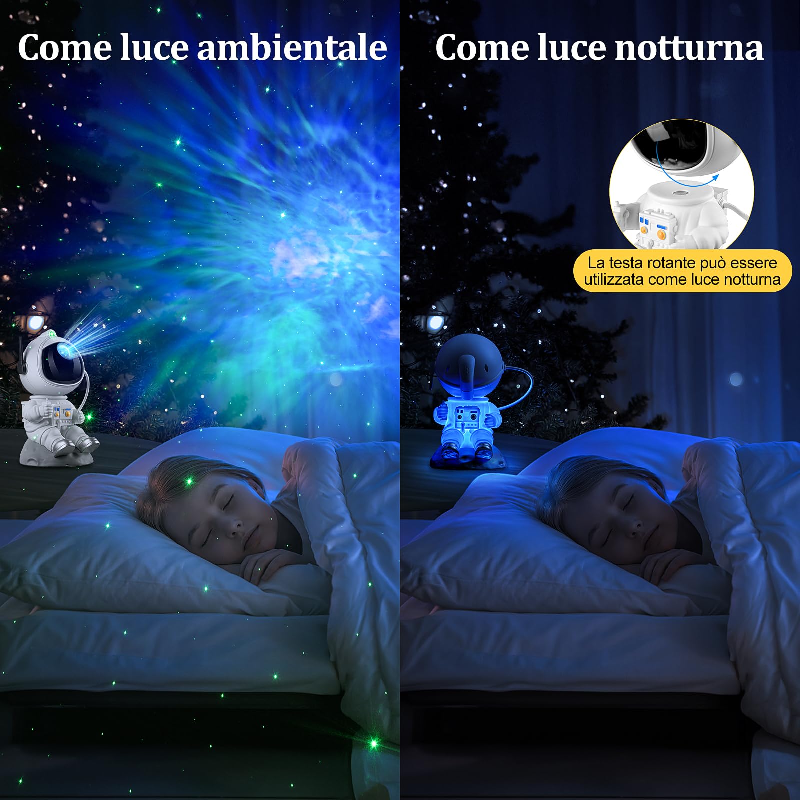 Astronauta Proiettore Stelle Soffitto Galassia, 8 Modalità Luce Cameretta Lampada, 360° Regolabile Luminosità Velocità Cielo Projector Telecomando, Planetario Proiezione Regalo per Bambini e Adulti