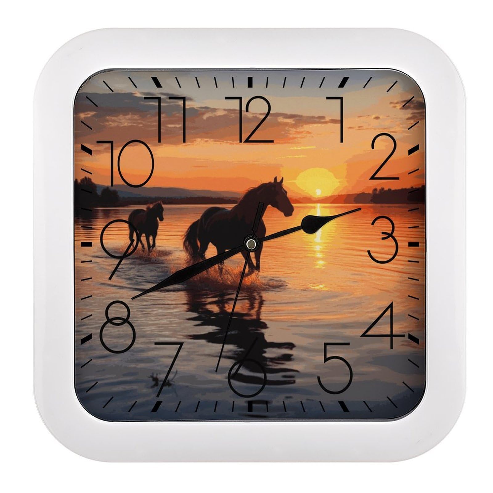 JTREHY Sunsets Lake Horses Wall Clock The Sound is Soft Square Timepiece Fashion Precise Easy to Read Numbers | Perfect Living Room Kitchen Or Office Clocks