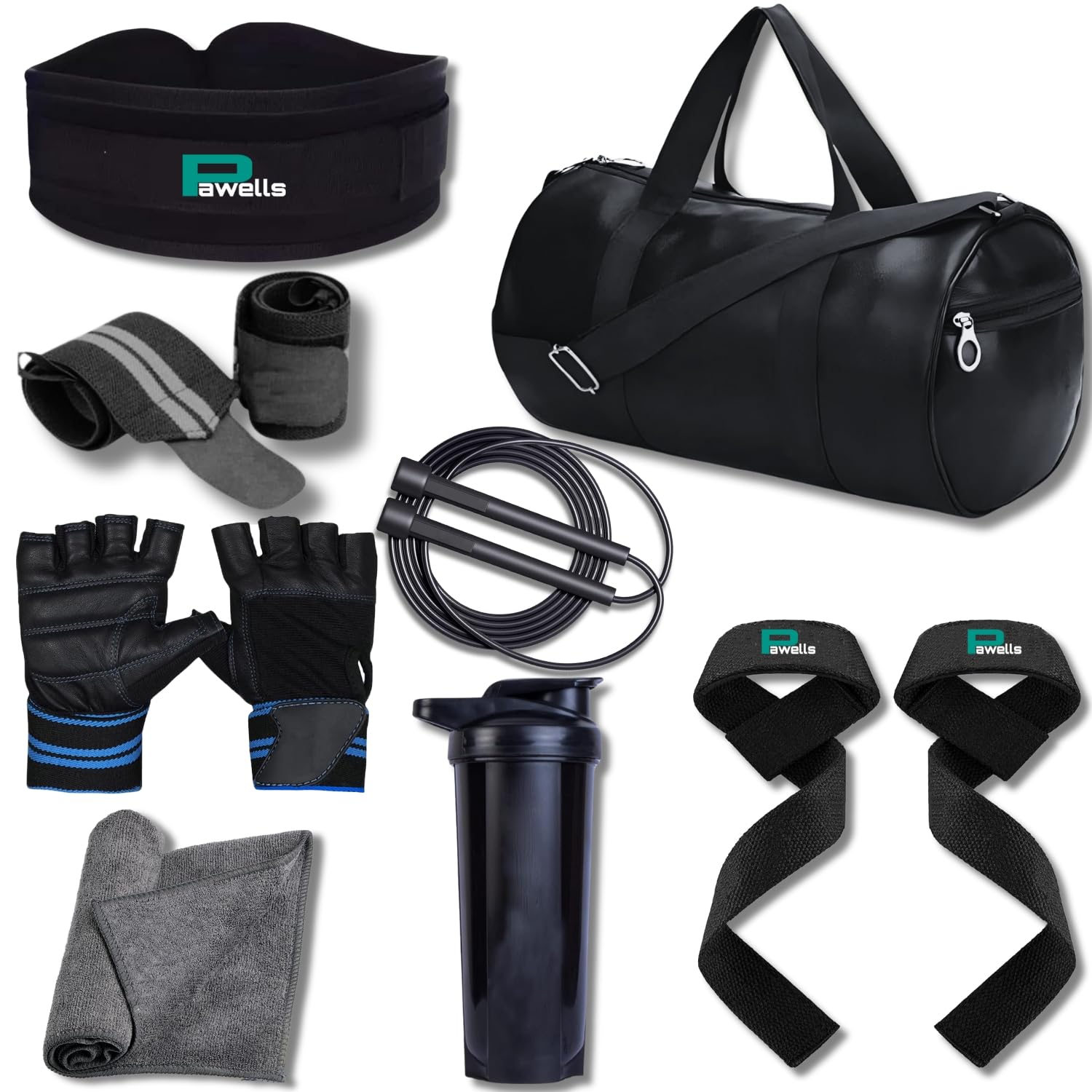 Pawells® Premium Gym Accessories Combo for Man and Woman Gym Kit for Home Workout with Gym Bag, Shaker, Rope, Wrist Band, Towel, Gloves, Deadlift Straps & Belt. Different Combos. (Pack of 8, Black)-image-33