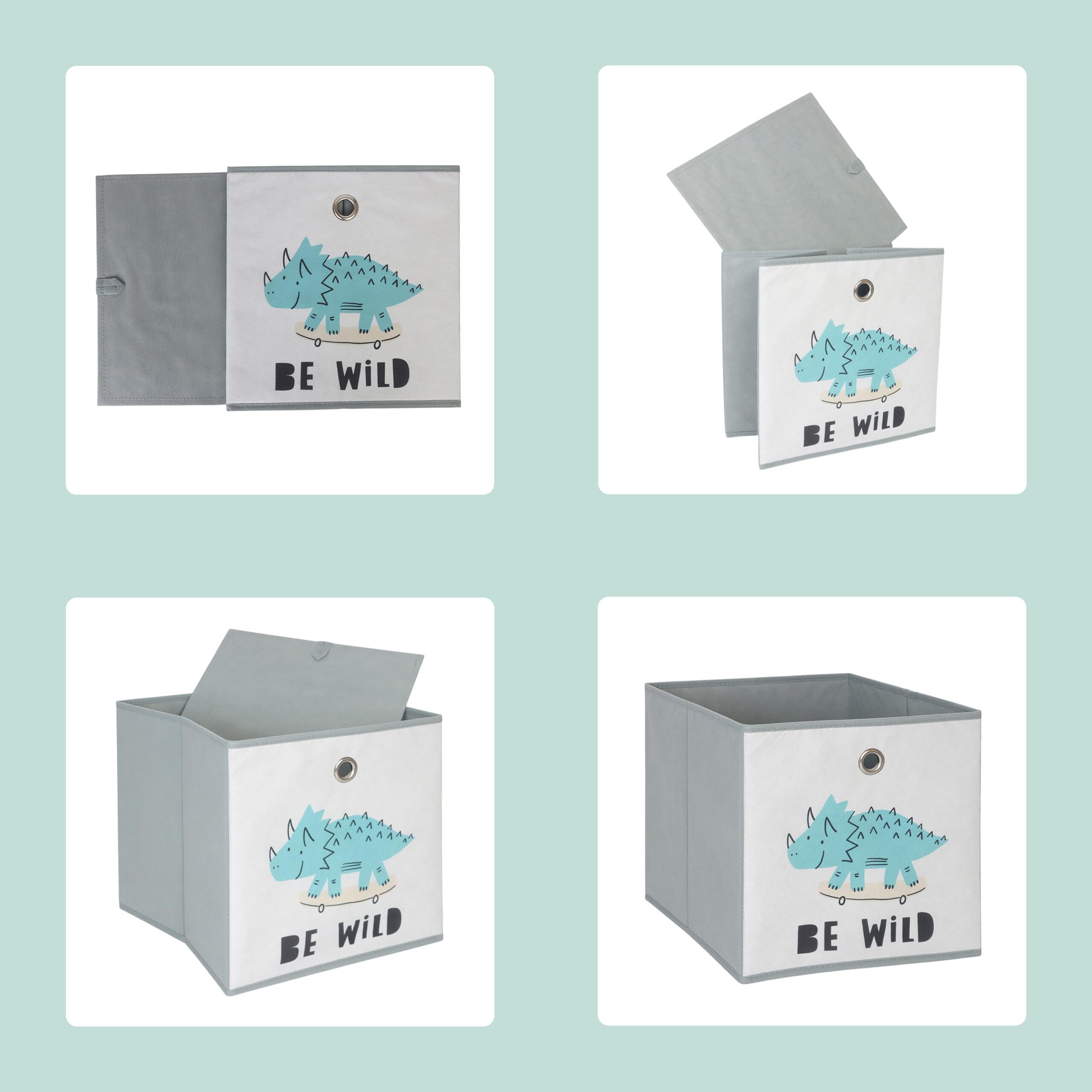 Relaxdays Set 3 Scatole per Bambini, Motivo Dinosauri, Pieghevoli per scaffali a cubo, HLP 30x30x30 cm, Tessuto colorato