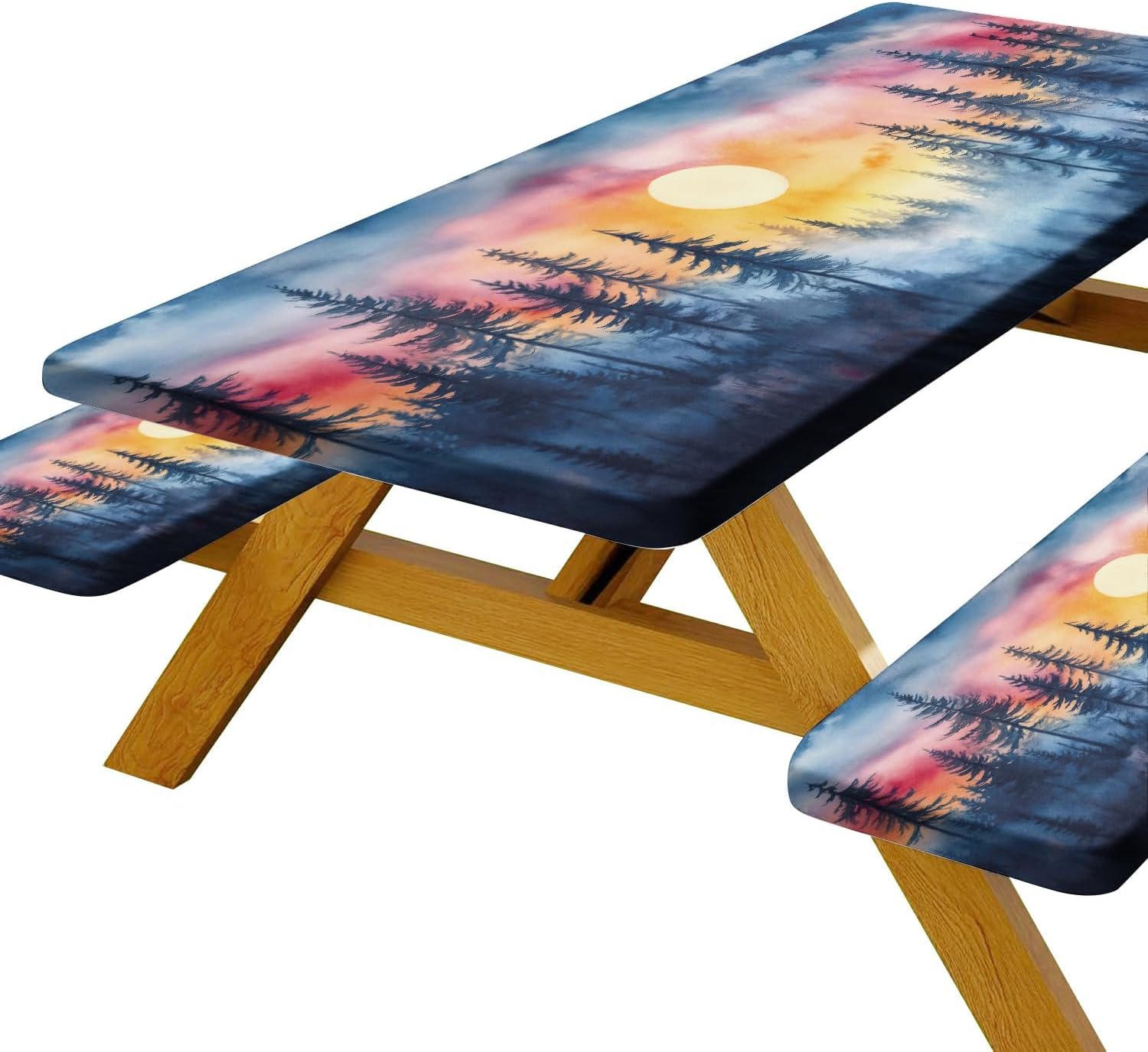 JAWO Picnic Table Cover with Bench Covers, Forest Mountain Camping RV Essentials Gear Supplies Outdoor Camper Waterproof Windproof Tablecloth with Elastic, 90in