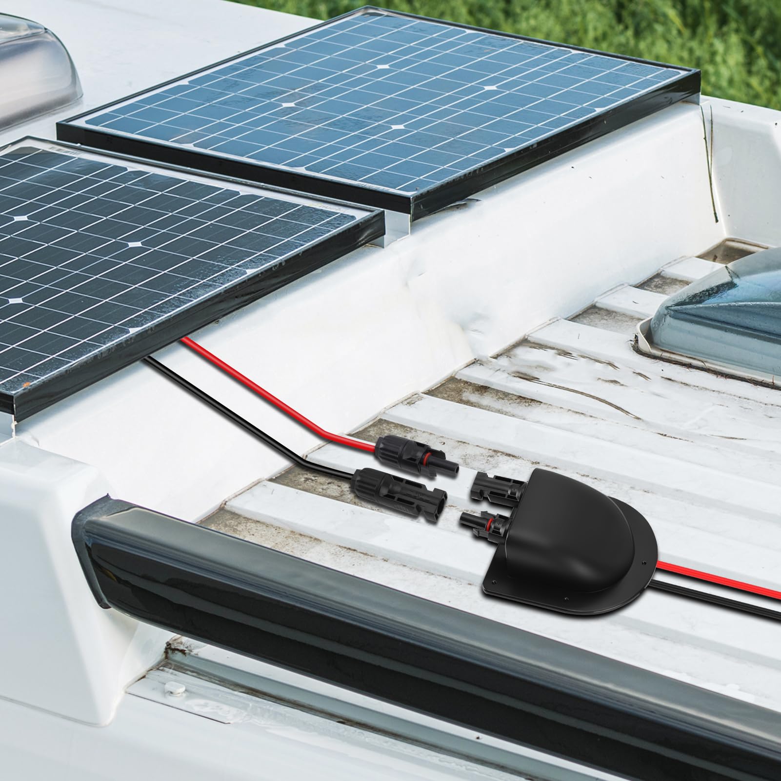Doppio Passacavo Solare, Alloggiamento Ingresso Solare con Cavo in Rame 10AWG Flessibile da 3m, Impermeabile Passacavo Solare per Camper Barche Roulotte, Nero