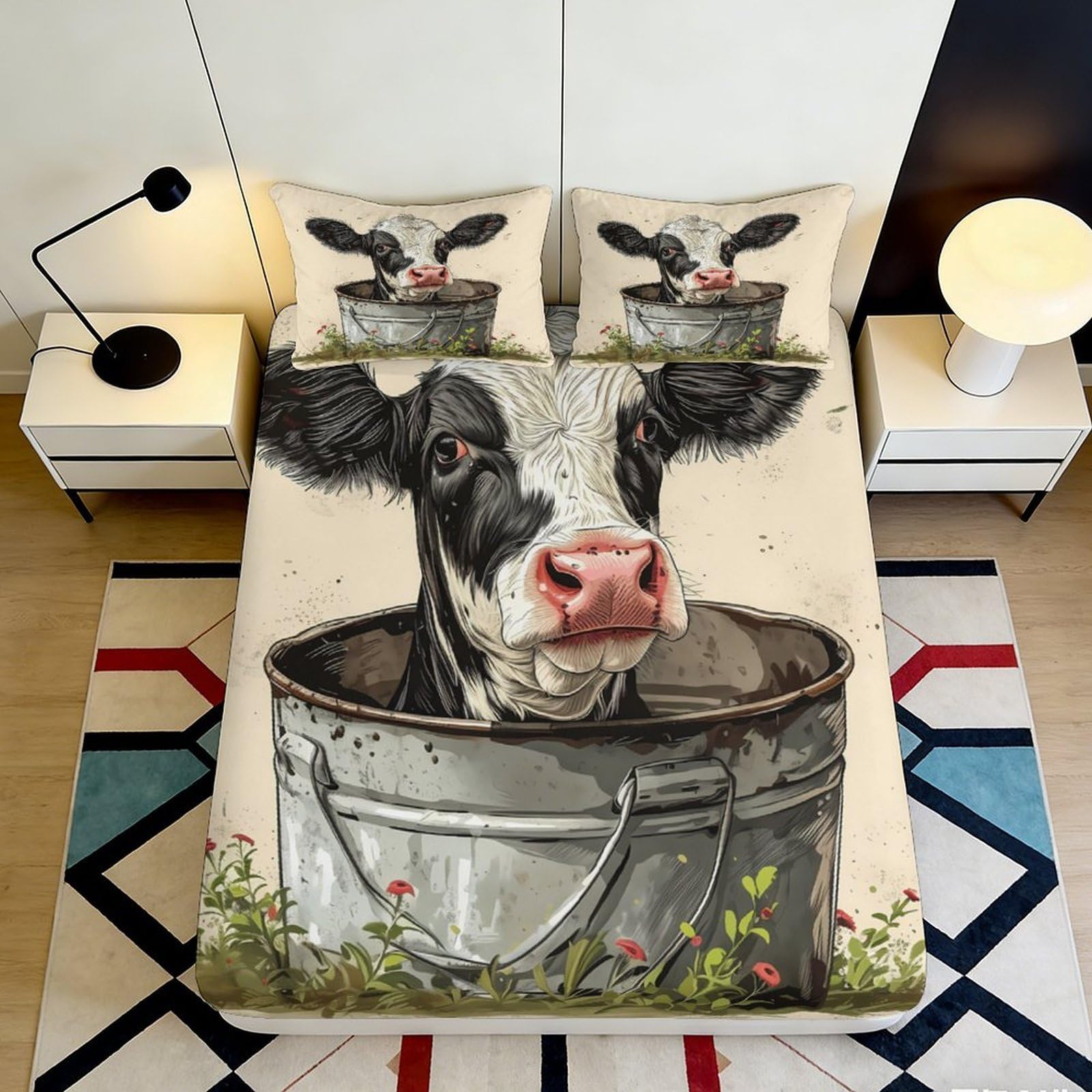 3D Printed Cow Pattern Fitted Sheet Microfiber Bedroom Deep Pocket Non-Slip Cow Mattress Fitted Cover Washable for Adults Teens 90x200x25cm
