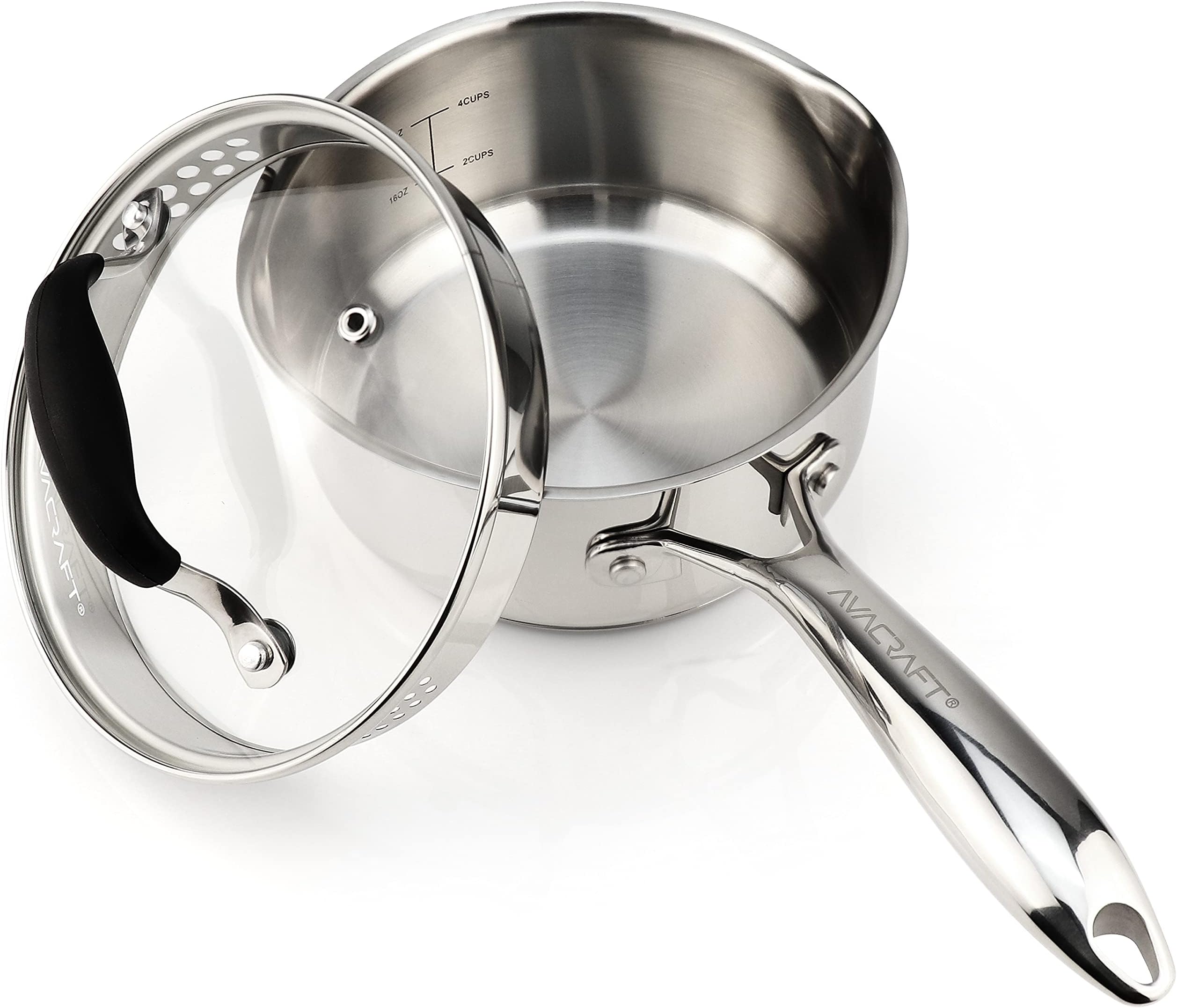 AVACRAFT 1.5 Quart Stainless Steel Saucepan with Glass Strainer Lid