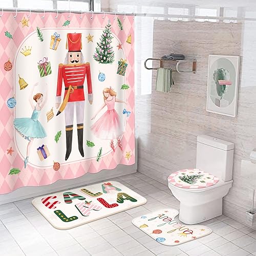 Preboun Juego de cortina de ducha de Navidad rosa de 72 x 72 pulgadas, cortina de baño para fiestas de invierno con 12 ganchos, alfombra