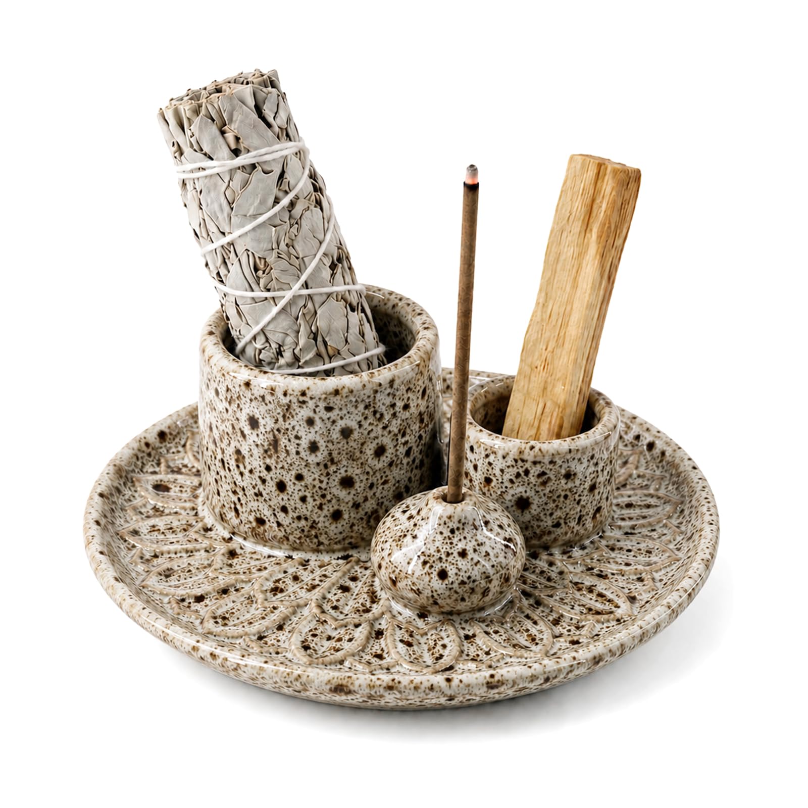 Palo Santo Räucherstäbchenhalter, 4-in-1 Keramik-Räucherstäbchenhalter & Kerzenhalter, Aschefänger & Schmierstabhalter für Meditations- und Yoga-Raum (Braun)