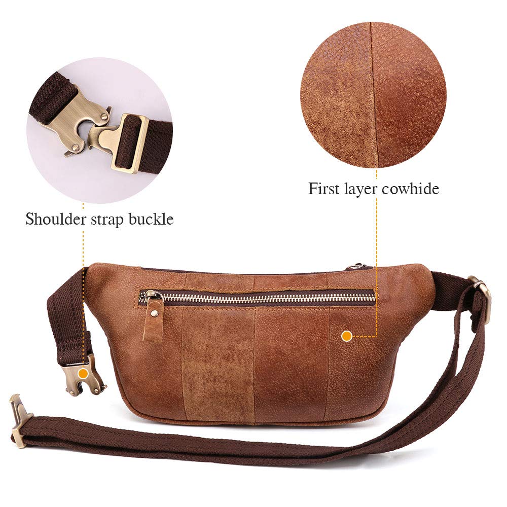 BAIGIO Riñonera de Cuero Hombre Mujer de Moda Bolsa Cinturón Piel Vintage Bolsos para Teléfonos Bandolera Multifuncional Bolsillos Ajustable Bolso de Cintura Casual Viajar Acampada (Marrón)