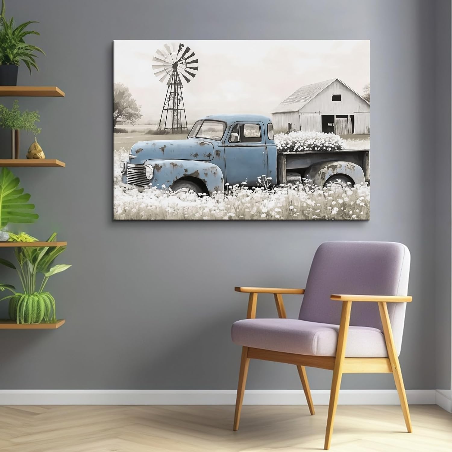 Craftline Rustic Countryside Barn Canvas Wall Art Blue Rusty Old Pickup Truck Pictures with White Flower Meadow Landscape Paintings Country Windmill Poster Cabin Decor for Farmhouse 18x12”