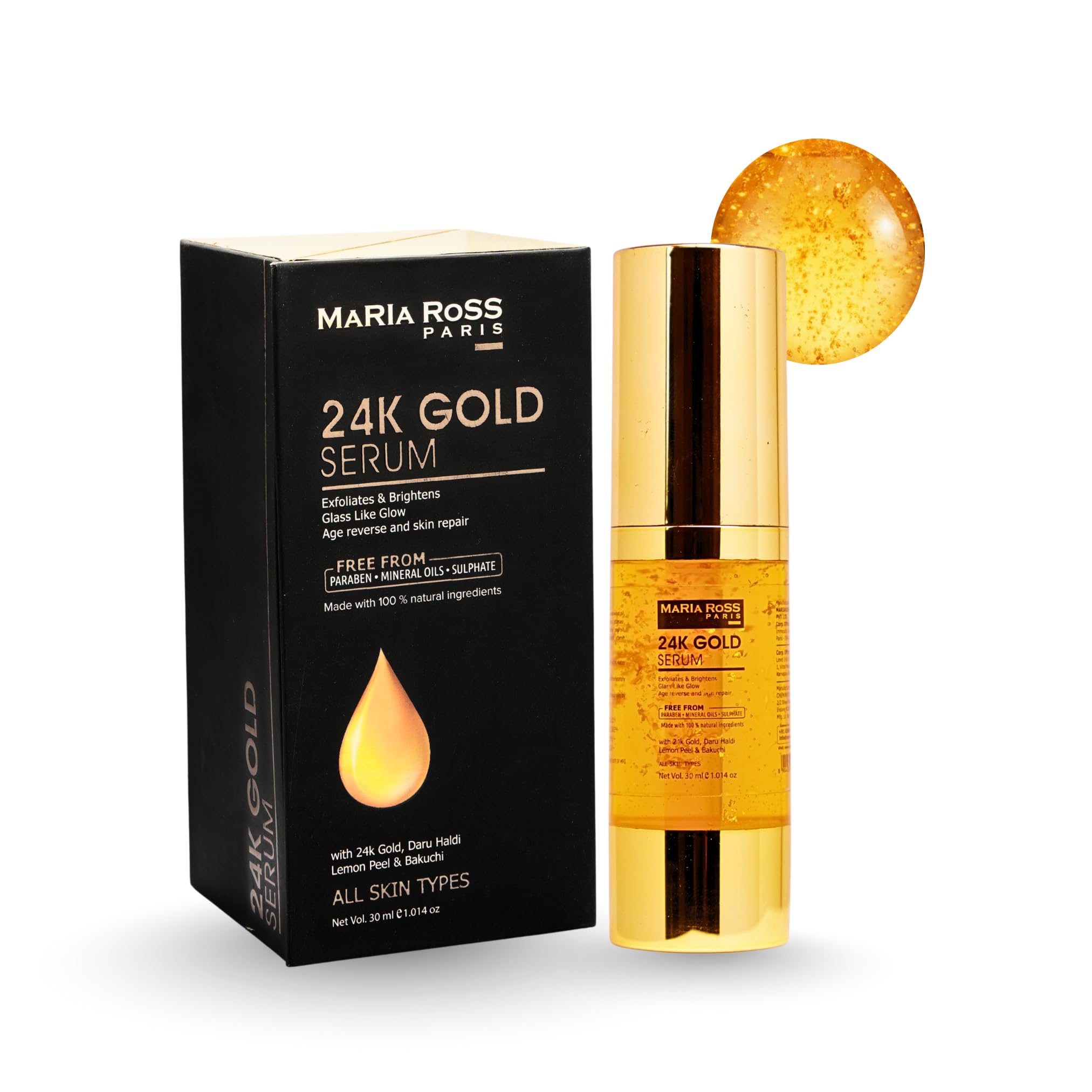 Maria Ross 24K Gold Serum for Exfoliating and Brightining Skin with Anti aging effect Youthful Skin Reduces Dullness & Improves Texture For All Skin Types, Men & Women (30 ml)