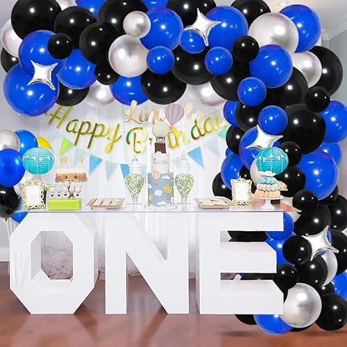 Miniatura 6 de Kit de arco de guirnalda de globos azul y negro, plateado, 124 globos azules y negros, globos plateados metálicos negros con cortina de flecos para