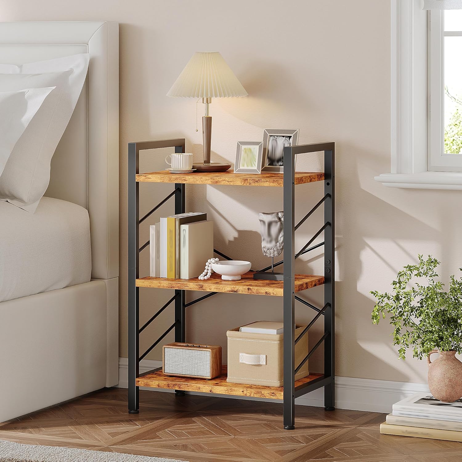 58546 Book Shelf, 3 Tier Industrial Bookcase with Metal Frame and 2 Sidebars, Small Bookshelf for Bedroom, Home Office and Living Room, Rustic Brown-image-27