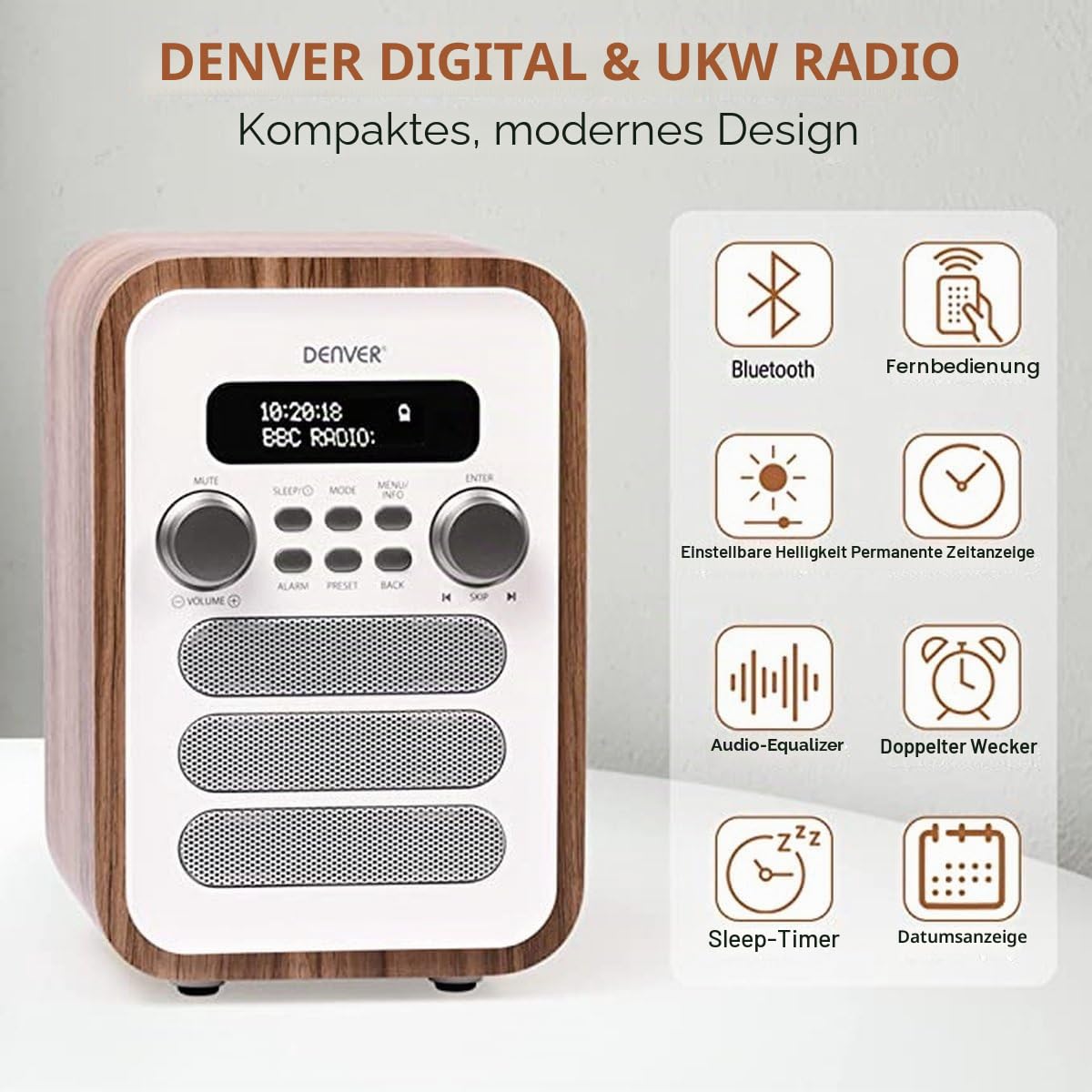 Denver DAB-48WHITE DAB + Radio Mit integriertem FM-Radio und Bluetooth-Funktion