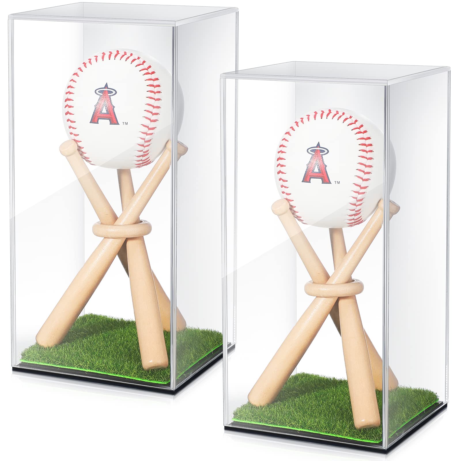 Baseball Display Case and Wood Baseball Stand Acrylic Baseball Holder Acrylic Box with Grass Pad for Ball Display Mini Wooden Bat Baseball Holders for Memorabilia Autograph Ball (2 Packs)