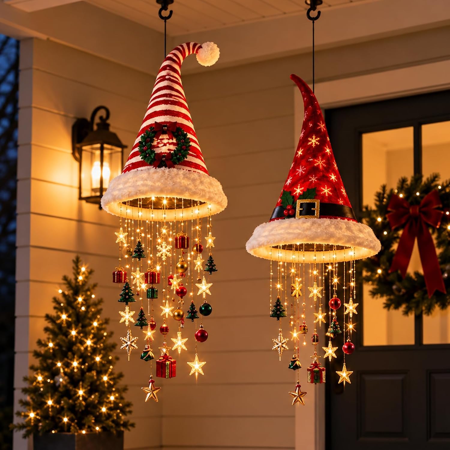 Lighted Santa Hat Chandelier Hanging Glowing Plush Lamp Warm Lights，Mix B