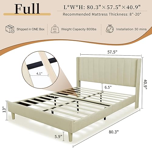 Miniatura 2 de Base de cama tapizada de tamaño matrimonial con respaldo moderno y cabecera de panel vertical, tela de lino, patas y listones de madera, no necesita