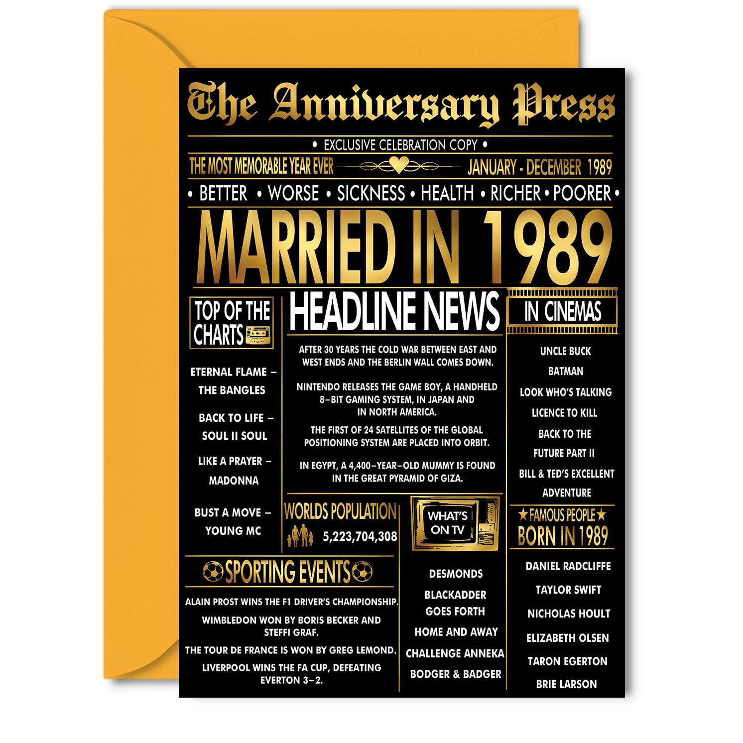 Gold 37th Anniversary Card for Women Men - Golden Newspaper Married in 1989-37 Year Wedding Anniversary Card for Wife Companion Husband Partner, 5x7 Inch Anniversaries Greeting Cards