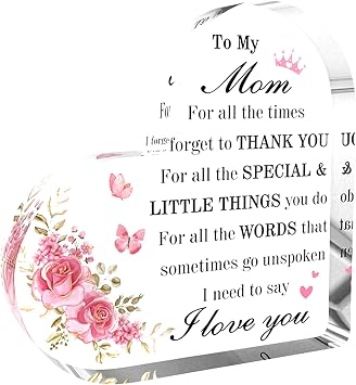 Mom Gifts Heart Acrylic Block Mothers Day Gifts Christmas Birthday Valentines Day Sign Presents Idea Desk Accessories Stocking Stuffers Ideas Mommy Mama Stepmom Presents