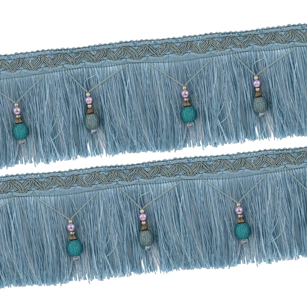 2yards Braided Beads Hanging Ball Tassel Fringe Trimming Applique Fabric Trimming Ribbon Band Curtain Table Wedding Decorated (Blue) - Image 3