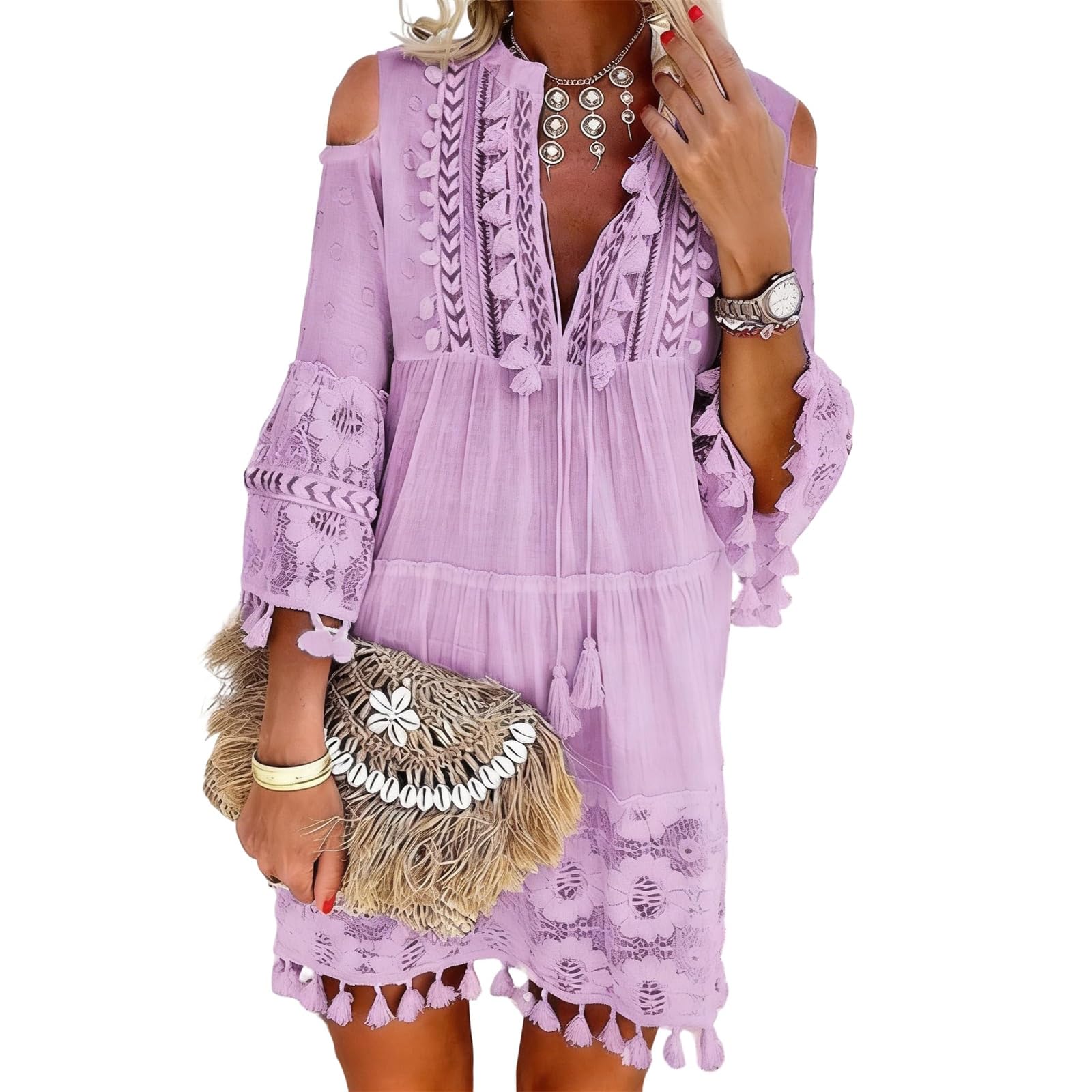 Minivestido para Mujer con Bordado, Escote en V y Hombros Descubiertos; Vestido Estilo Boho con Mangas Acampanadas 3/4, Encaje, croché y Adornos de borlas