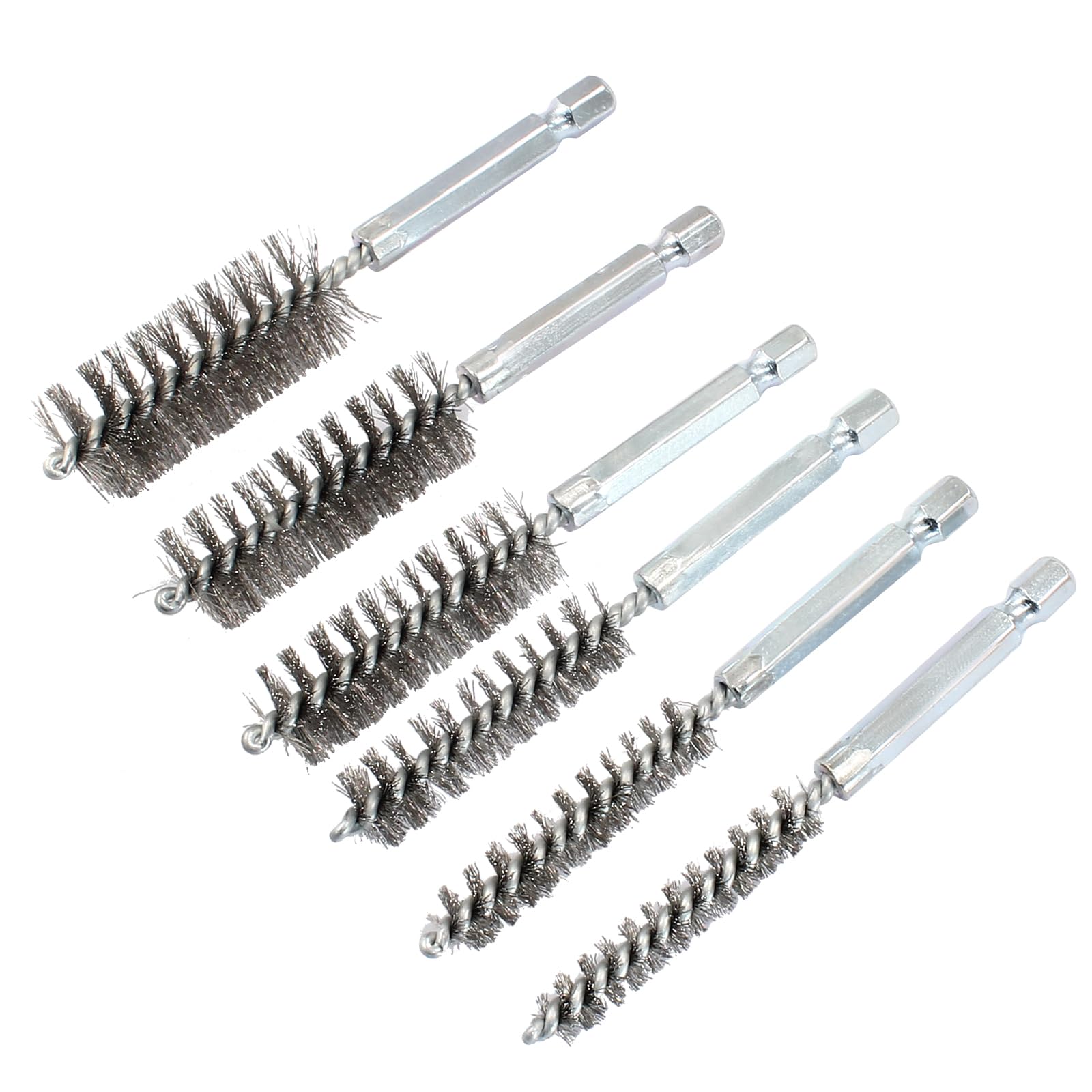 Biaungdo 6 Pcs Stainless Steel Bore Brush, Twisted Wire Drill Brush Metal Bristles Wire Brush Bore Cleaning Brush with Hex Shank Handle for Power