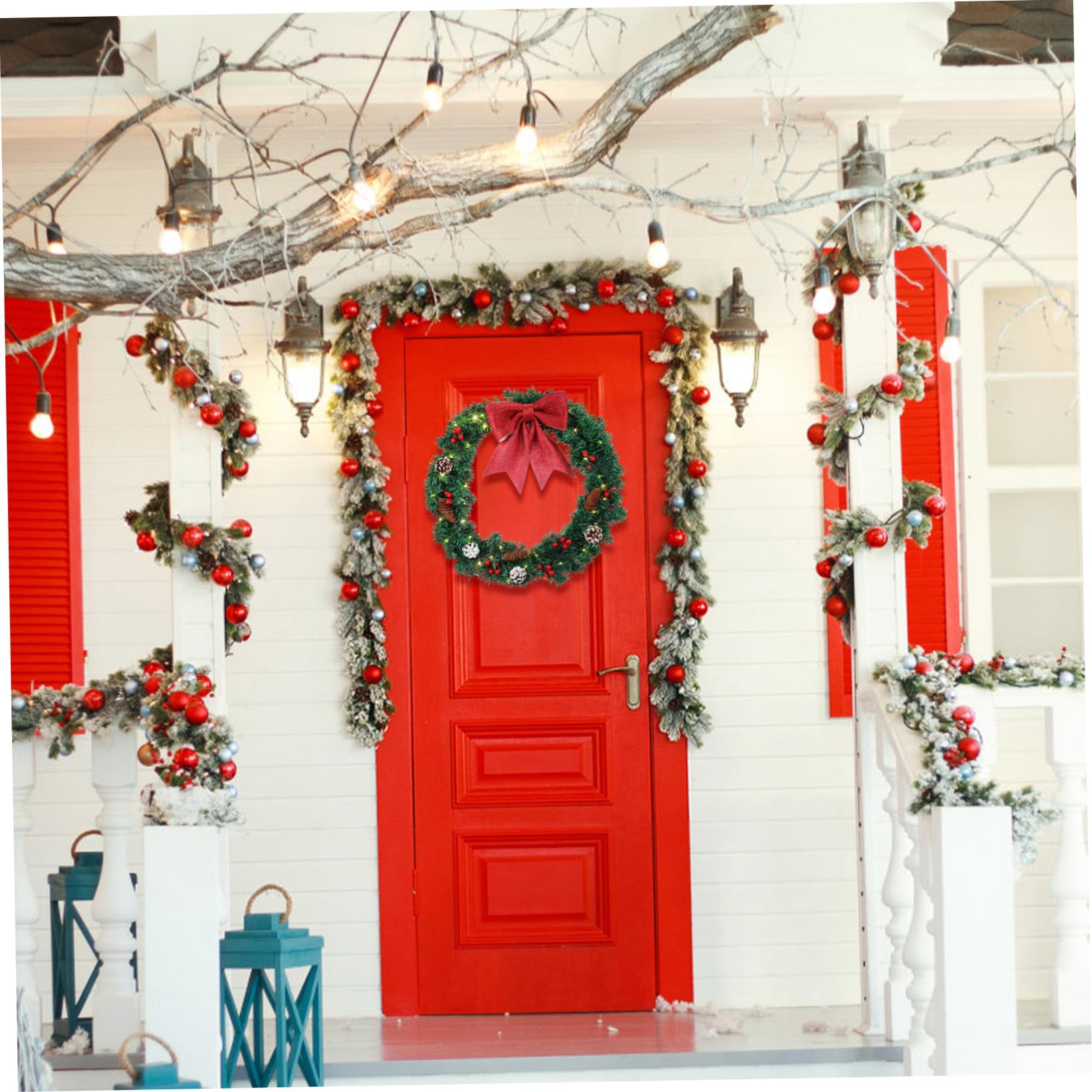 Guirnalda Navideña Brillante de Decoración Artificial con Luces Acento Festivo con Lazo y Piñas para Decoración de Puerta Interior