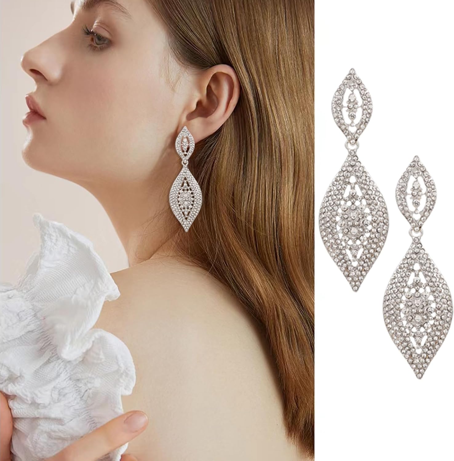 Fashion Rhinestone Crystal Wedding Earrings for Women Bridal Bridesmaid Long Leaf Chandelier Teardrop Dangle Earrings Jewelry - Image 3